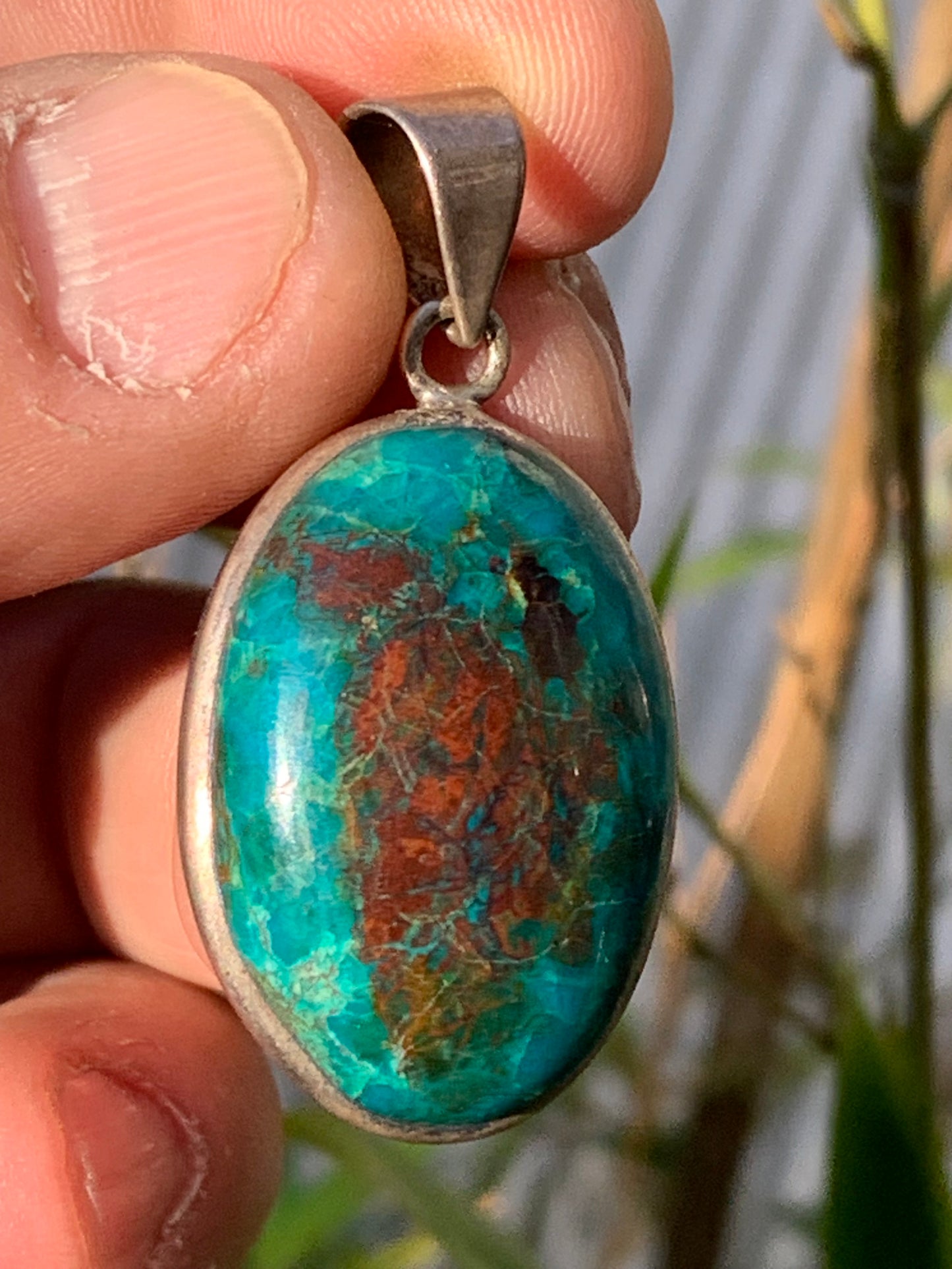 Chrysocolla! Unique silver pendant, 45mm high x 21mm wide x 10mm thick. Sold with an adjustable black cord. Made by Gen & Zen!