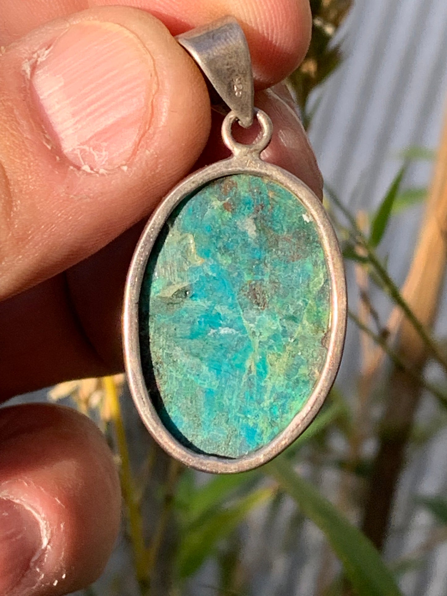 Chrysocolla! Unique silver pendant, 45mm high x 21mm wide x 10mm thick. Sold with an adjustable black cord. Made by Gen & Zen!