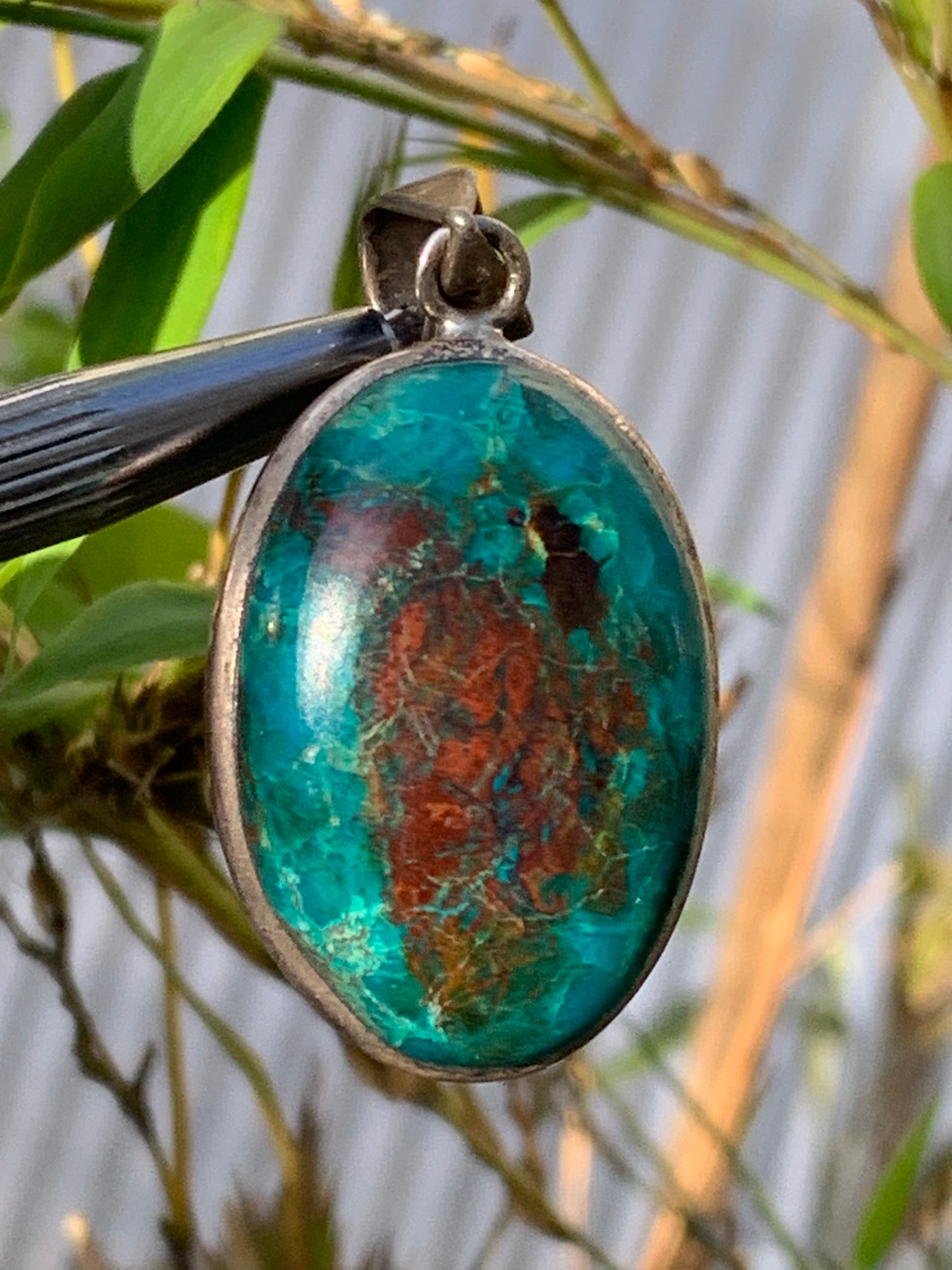 Chrysocolla! Unique silver pendant, 45mm high x 21mm wide x 10mm thick. Sold with an adjustable black cord. Made by Gen & Zen!