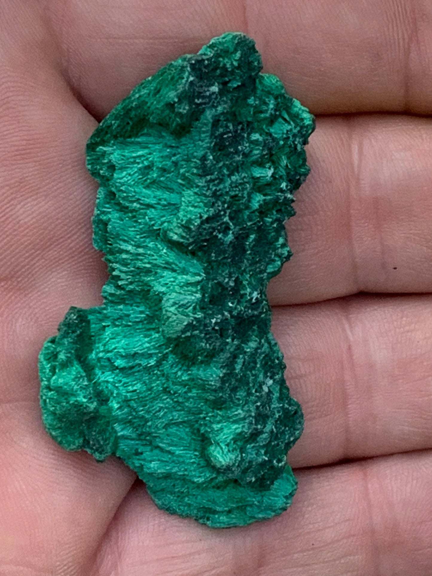 Malachite fibreuse, spécimen brut du Congo de 22,3 grammes. Parfait pour une collection ou la bijouterie, du velour naturel !