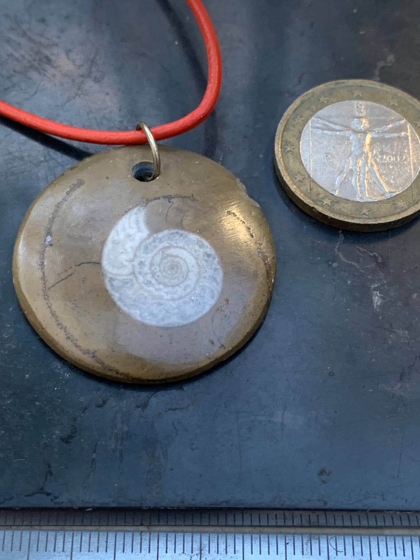 Ammonite fossile dans grès rouge (Usa), pendentif de 33 millimètres x 6. Vendu avec cordon noir et réglable de 60 cm !