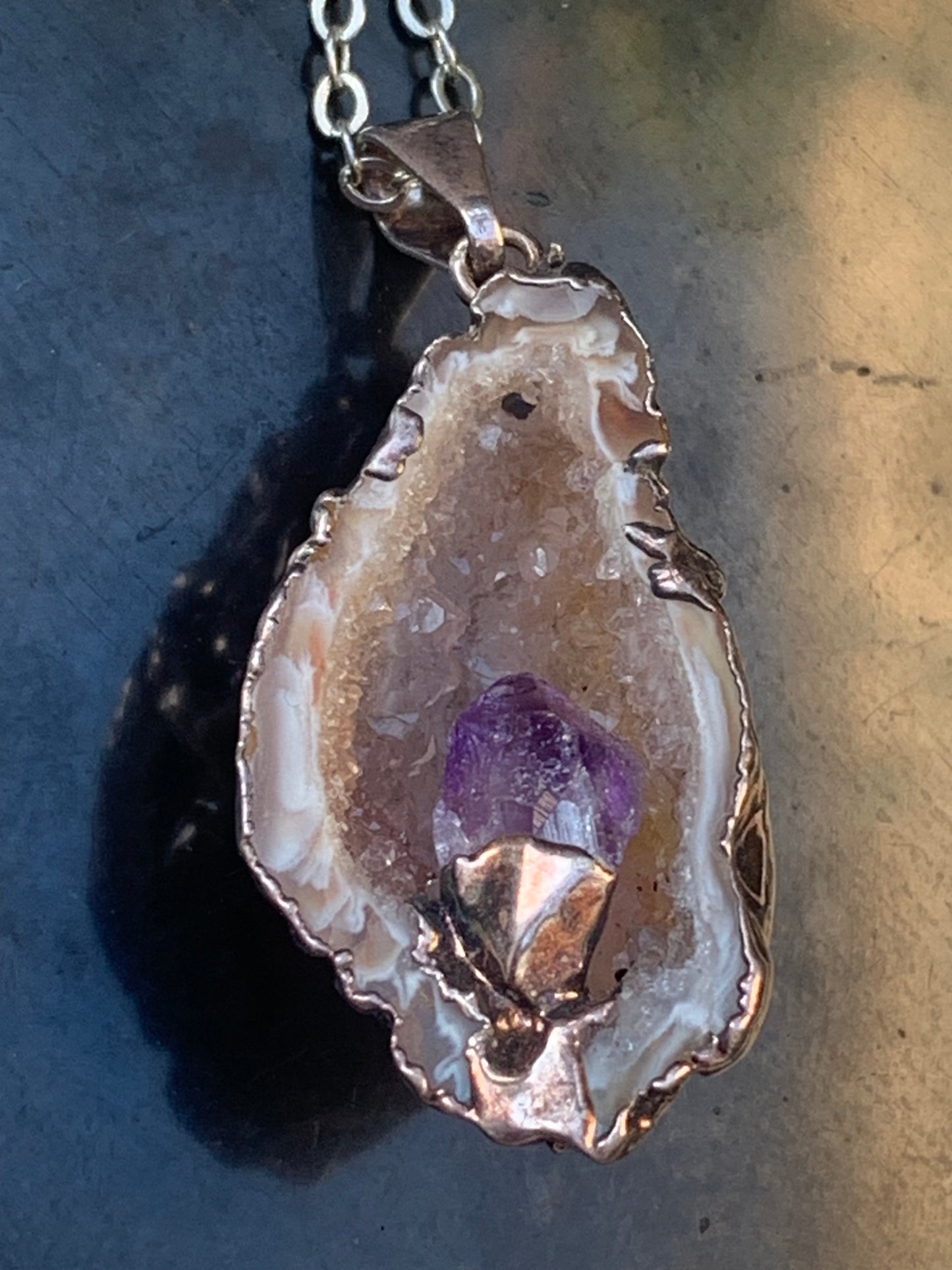 Amethyst and Agate, 'mini-geode' pendant called 'geodinhos', 42mm high x 18 x 14. Sold with free adjustable black cord!