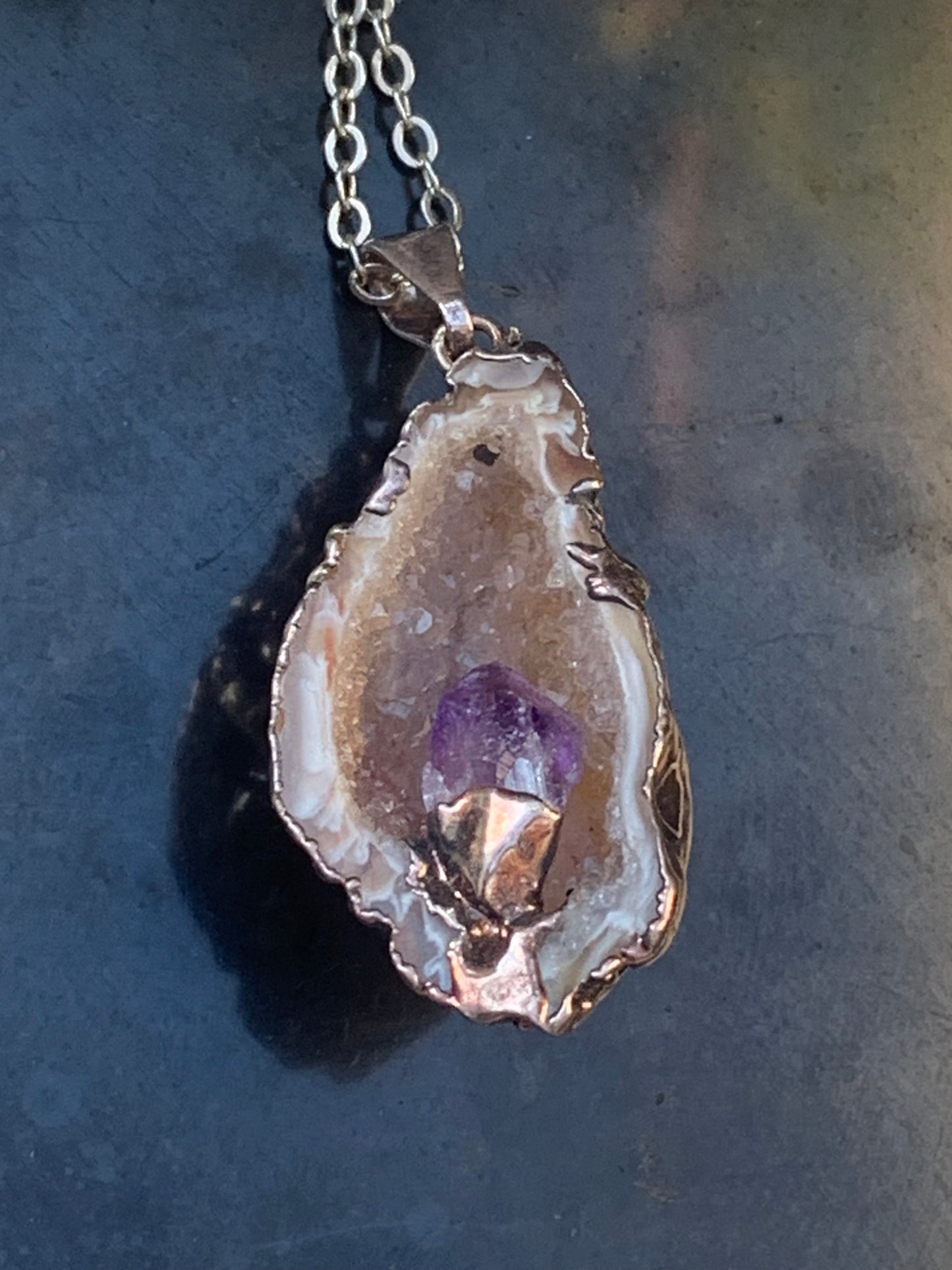 Amethyst and Agate, 'mini-geode' pendant called 'geodinhos', 42mm high x 18 x 14. Sold with free adjustable black cord!