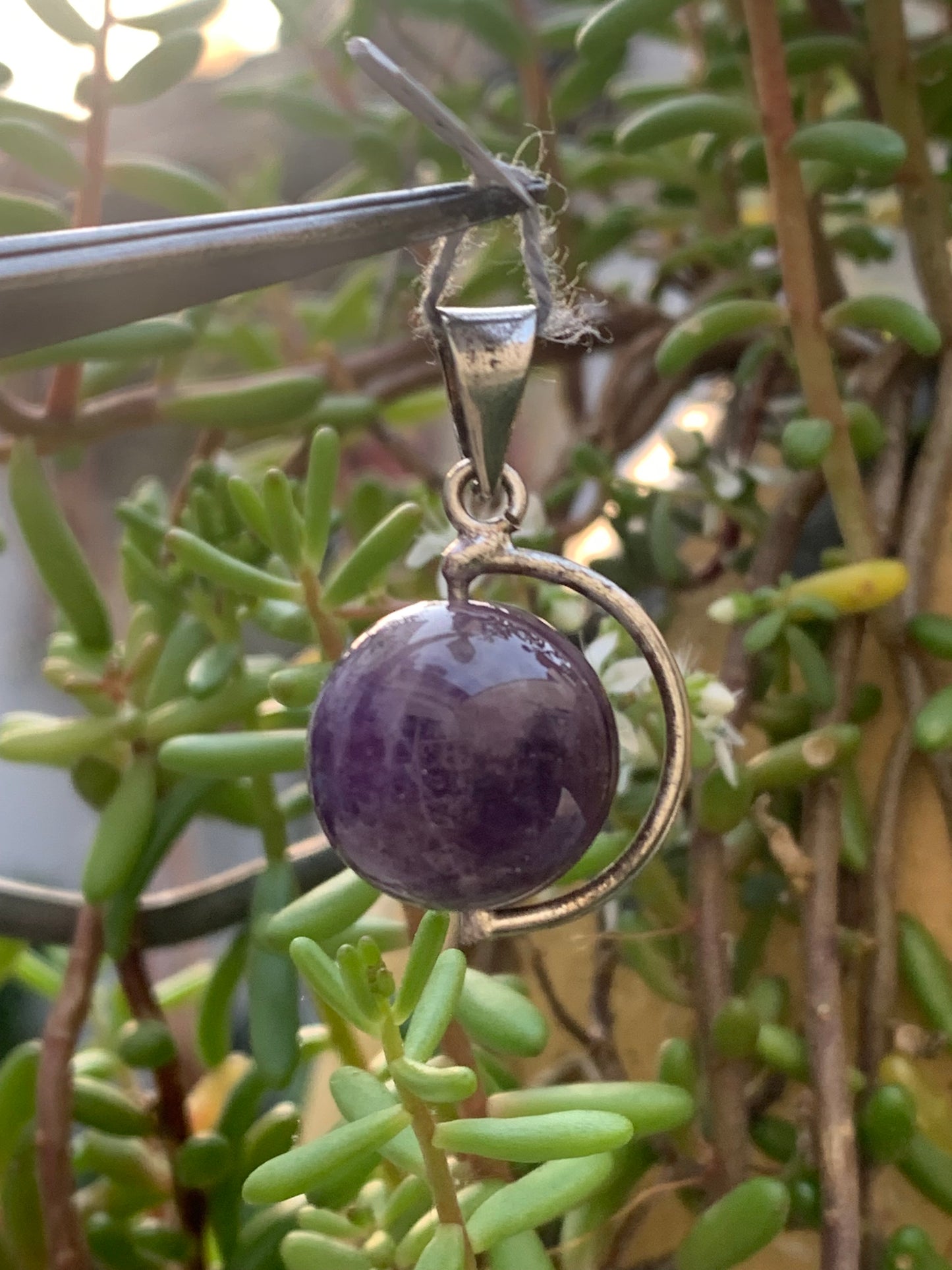 Amethyst, Silver 'Globe' pendant, 28mm high x 17mm wide x 14mm thick. Sold with a free adjustable black cord!