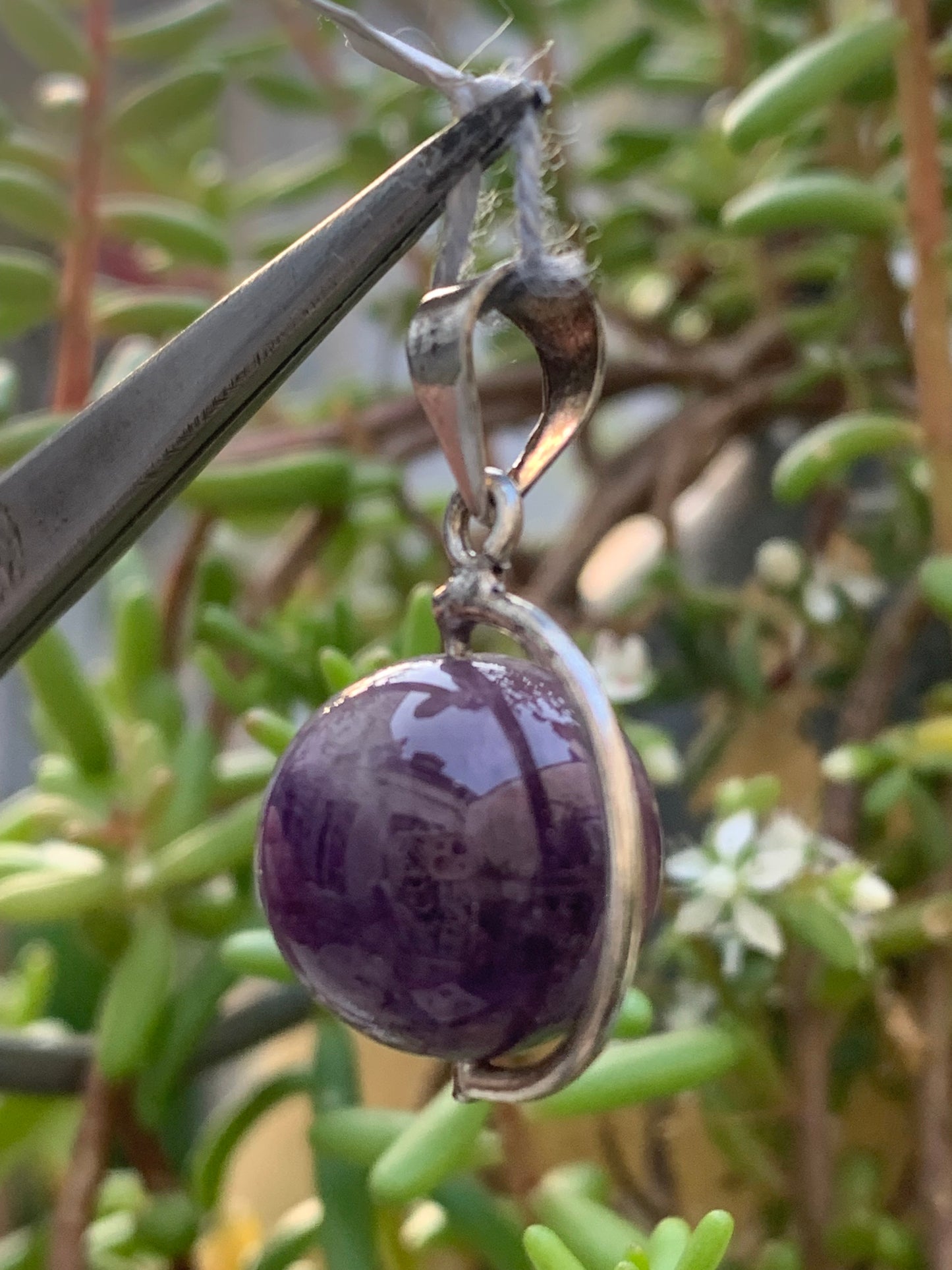 Amethyst, Silver 'Globe' pendant, 28mm high x 17mm wide x 14mm thick. Sold with a free adjustable black cord!