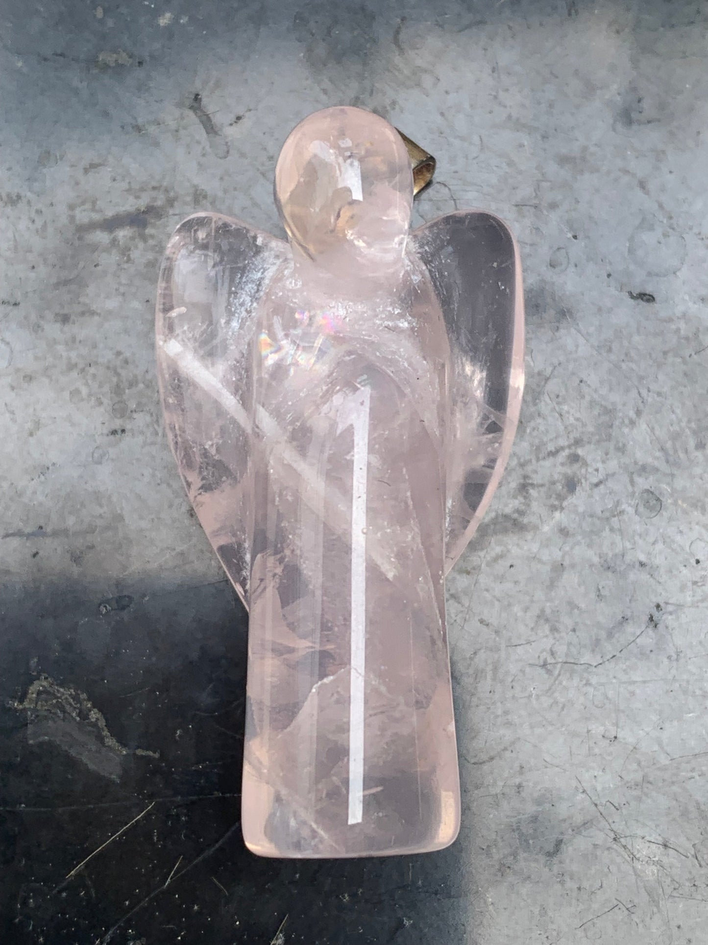 Rock crystal/Rose quartz! 'Angel' pendant measuring 40mm high x 18mm wide x 14mm thick. Sold with an adjustable black cord!