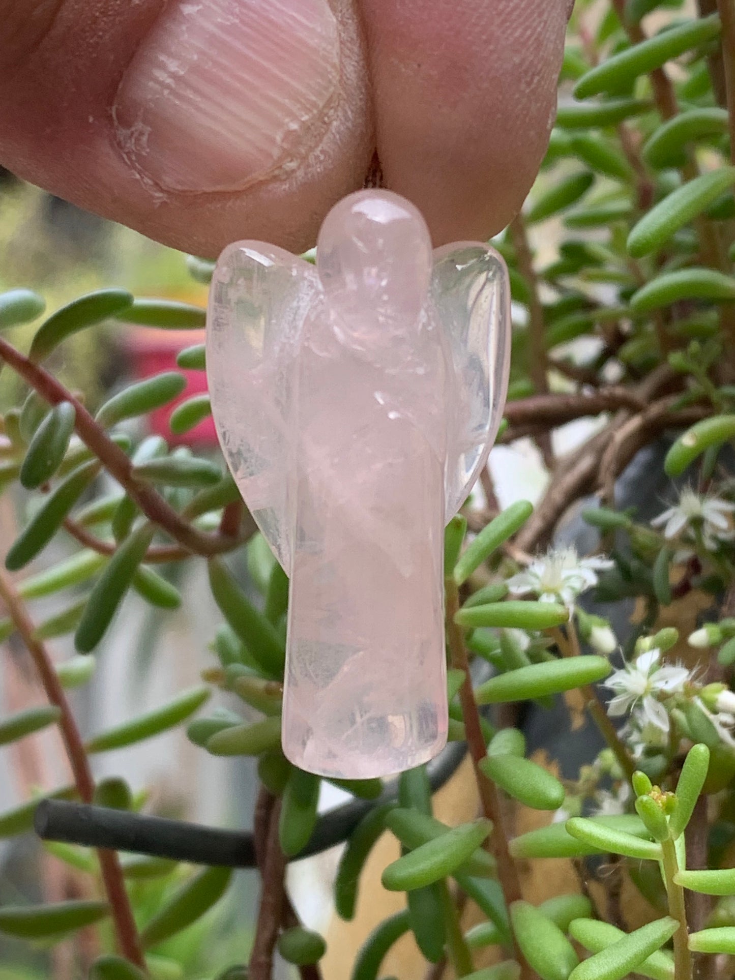 Rock crystal/Rose quartz! 'Angel' pendant measuring 40mm high x 18mm wide x 14mm thick. Sold with an adjustable black cord!
