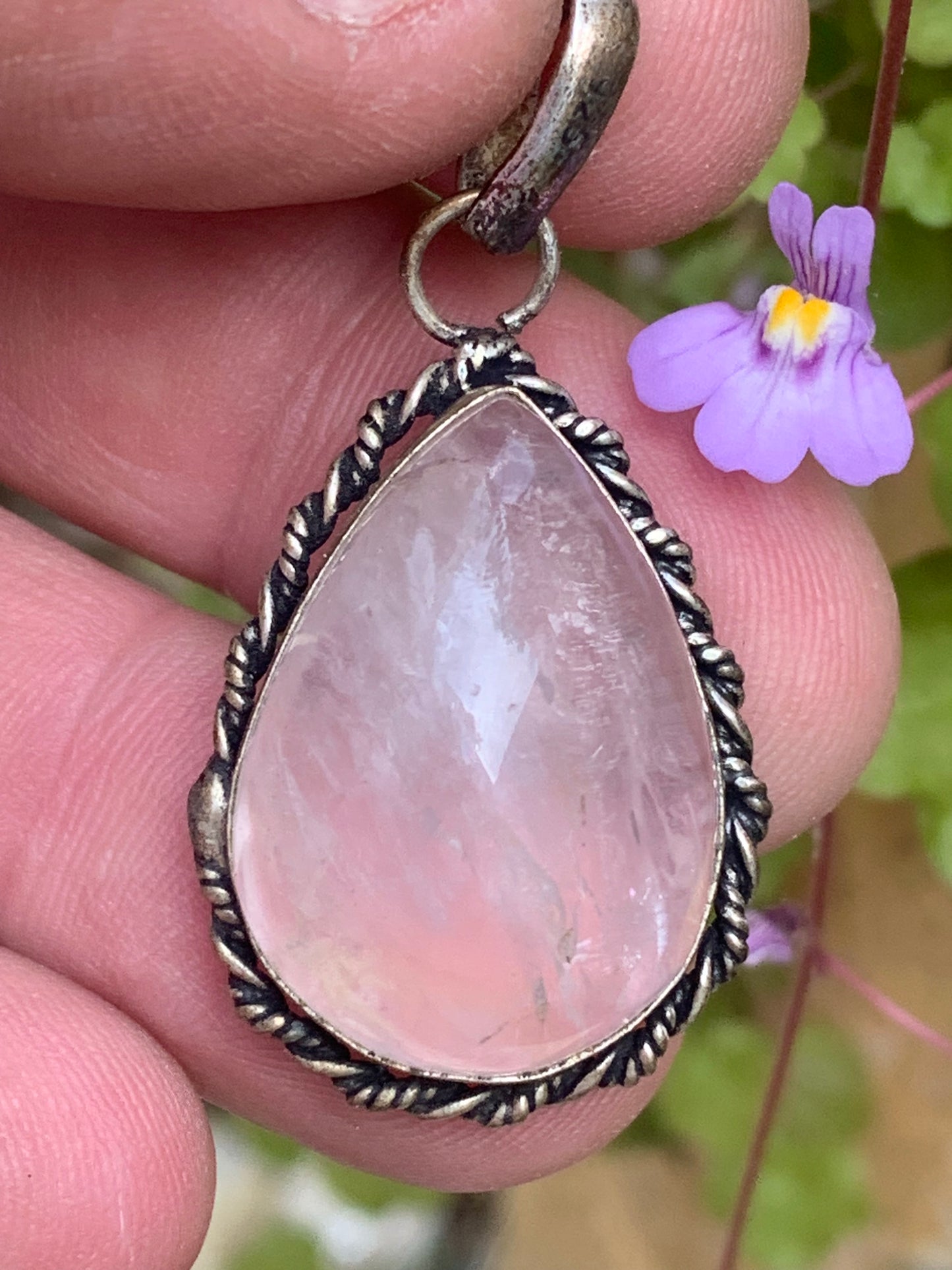 Rock crystal/Rose quartz! Pendant measuring 44mm high x 23mm wide x 12mm thick. Sold with an adjustable black cord!