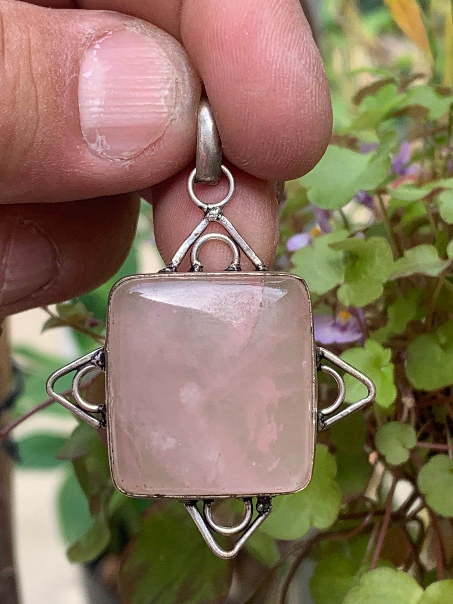 Rock crystal/Rose quartz! Pendant measuring 56mm high x 40mm wide x 8mm thick. Sold with an adjustable black cord!