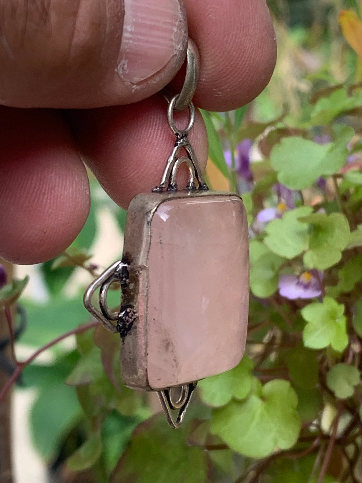 Rock crystal/Rose quartz! Pendant measuring 56mm high x 40mm wide x 8mm thick. Sold with an adjustable black cord!