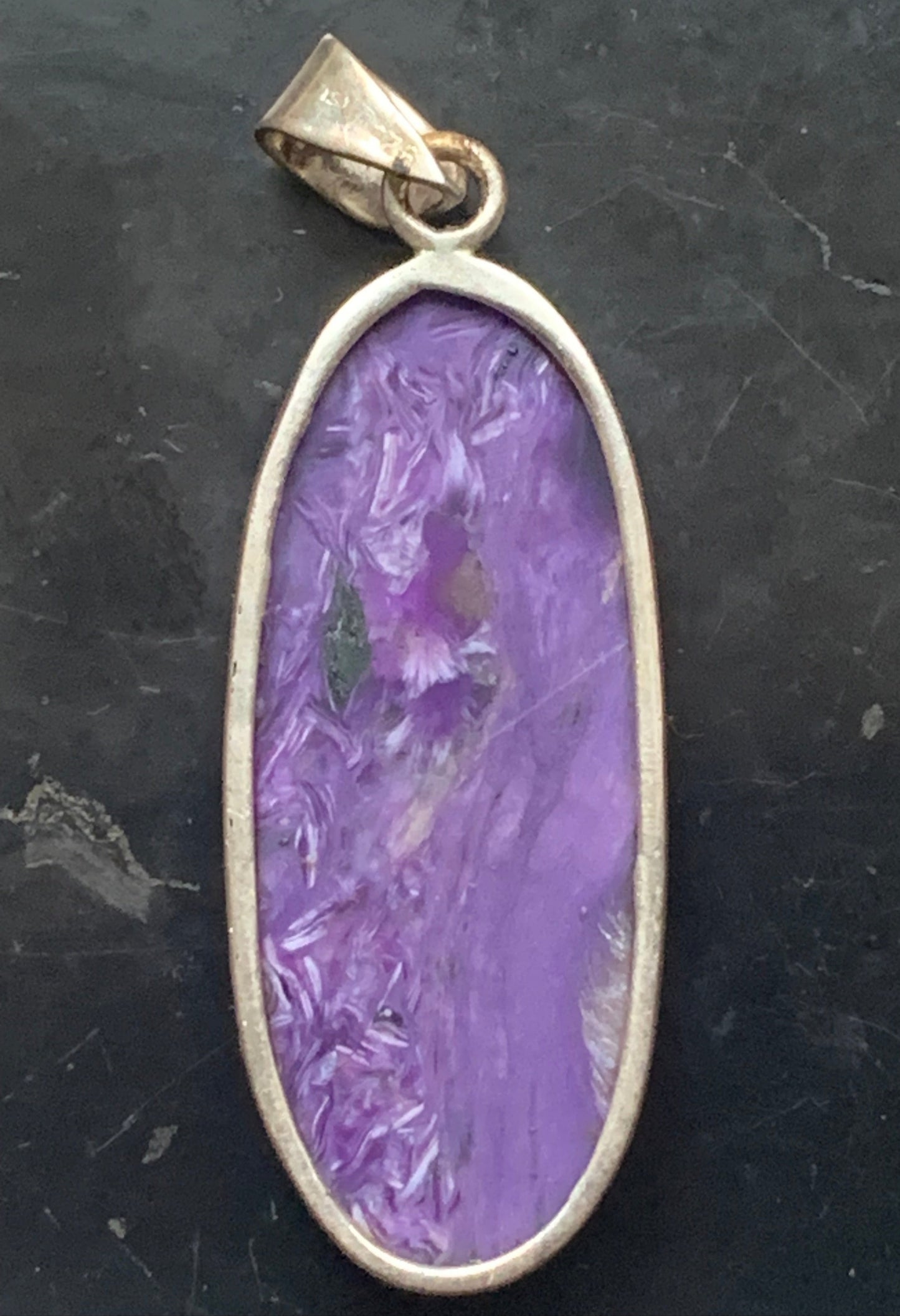 Charoite, magnificent pendant in 925 Silver, 52mm high x 18 wide x 8 thick. Sold with an adjustable black cord!