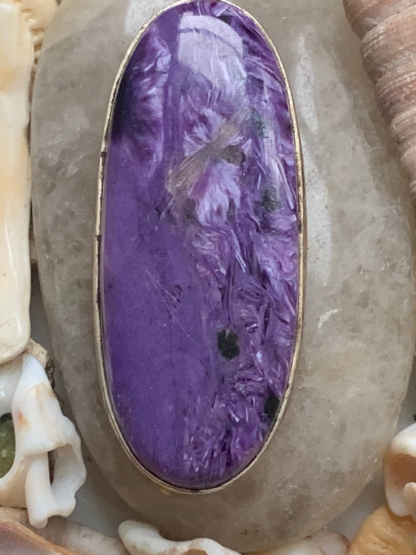 Charoite, magnificent pendant in 925 Silver, 52mm high x 18 wide x 8 thick. Sold with an adjustable black cord!