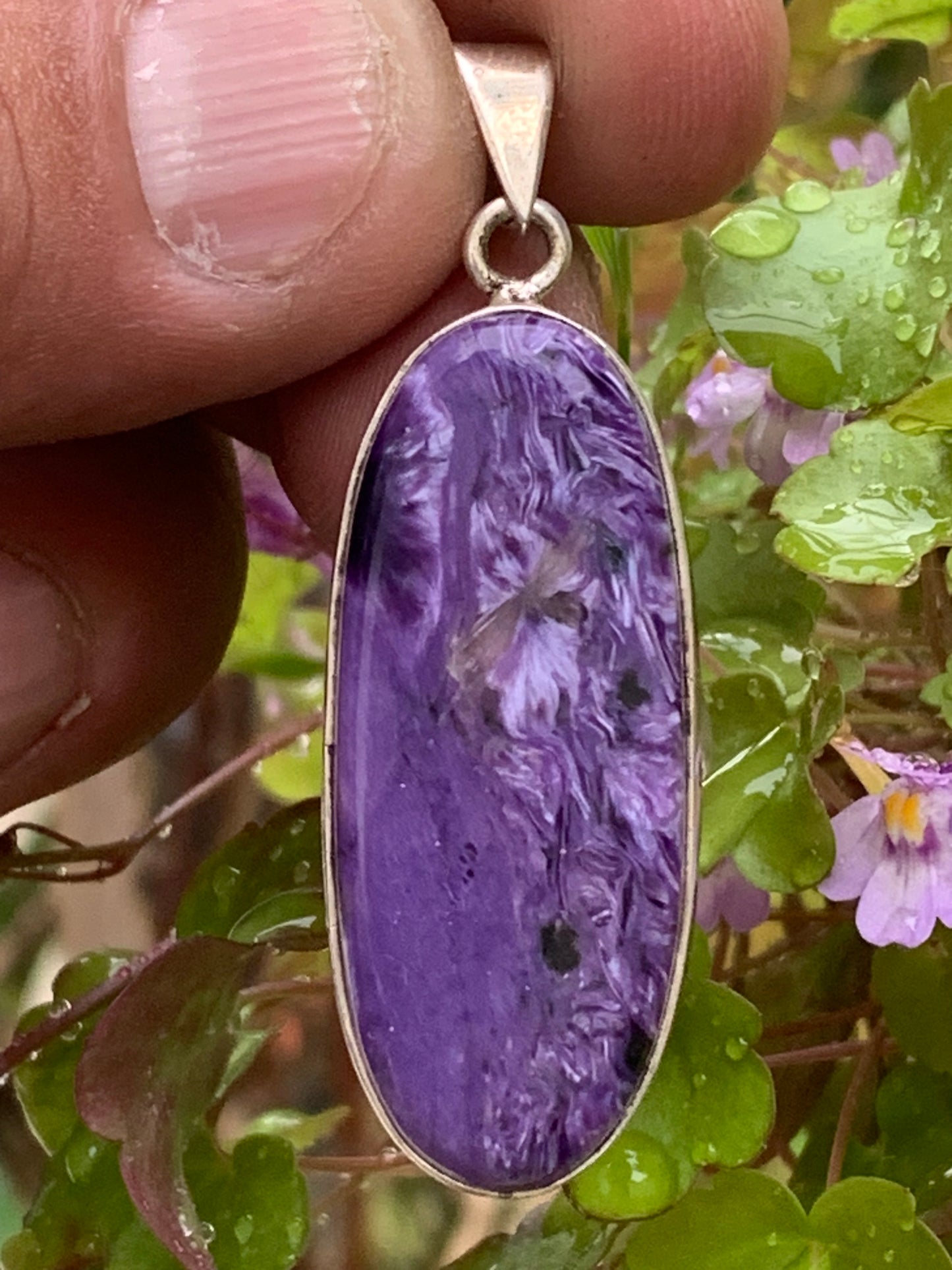 Charoite, magnificent pendant in 925 Silver, 52mm high x 18 wide x 8 thick. Sold with an adjustable black cord!