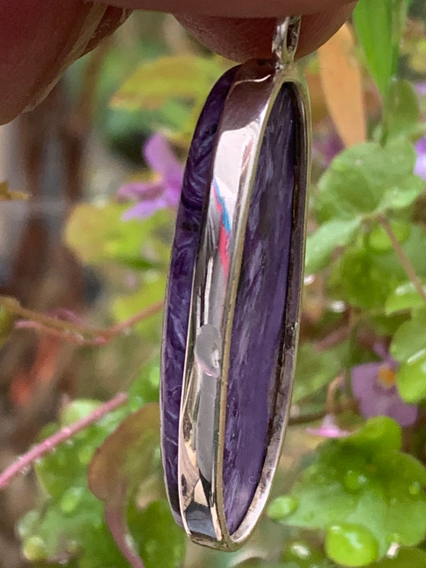 Charoite, magnificent pendant in 925 Silver, 52mm high x 18 wide x 8 thick. Sold with an adjustable black cord!