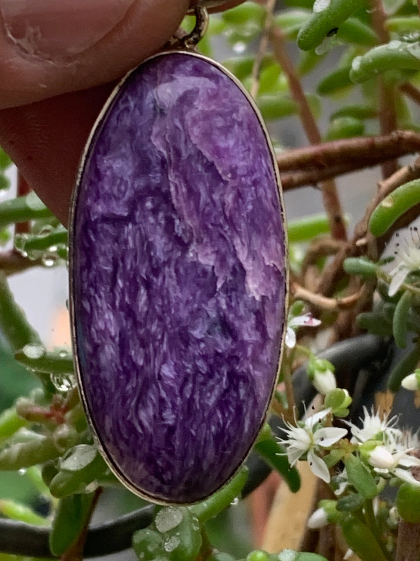 Charoite, magnificent 925 Silver pendant measuring 50mm high x 19mm wide x 9mm thick. Sold with an adjustable black cord!