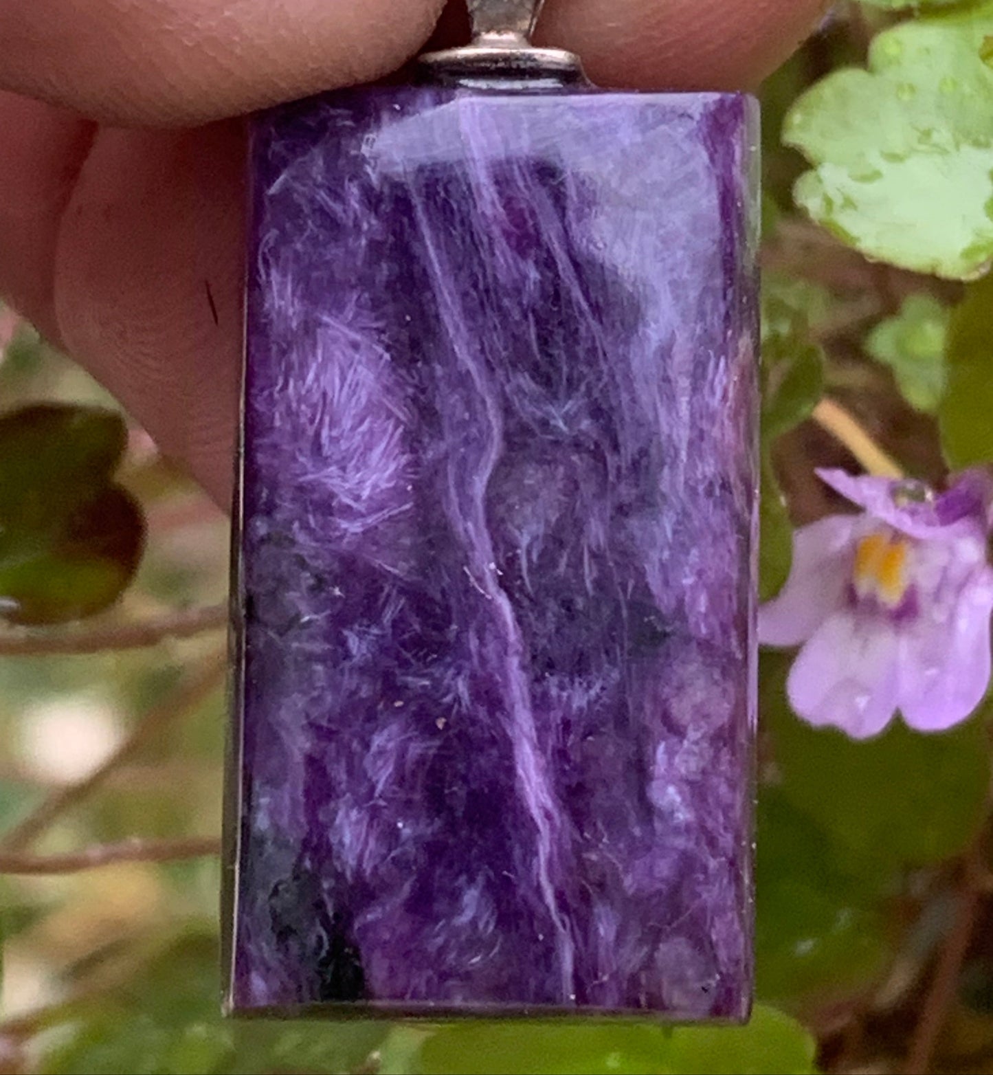 Charoite, magnificent pendant in 925 Silver, 37mm high x 16 wide x 7 thick. Sold with an adjustable black cord!