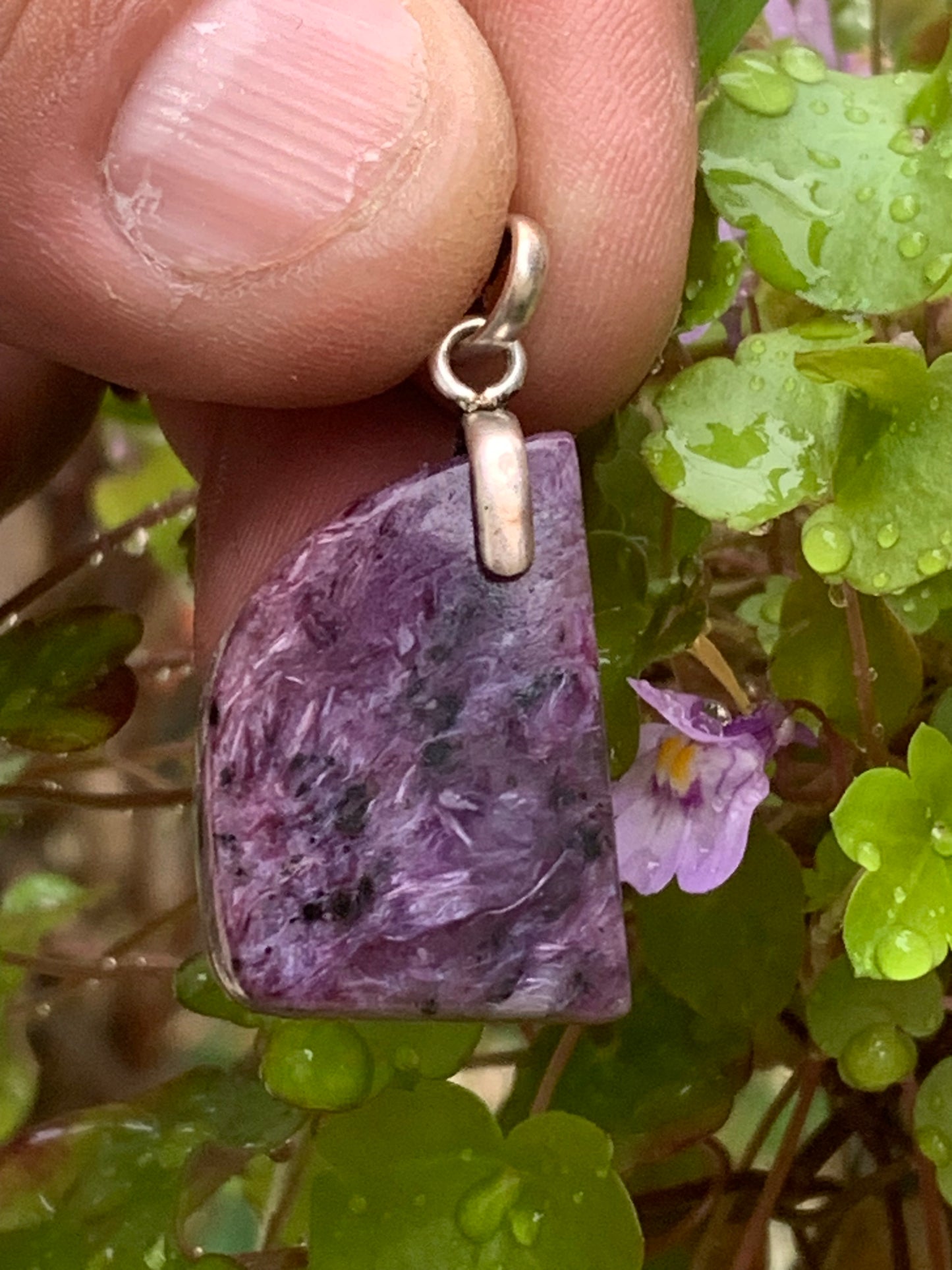 Charoite, magnificent 925 Silver pendant, 35mm high x 18mm wide x 7mm thick. Sold with an adjustable black cord!