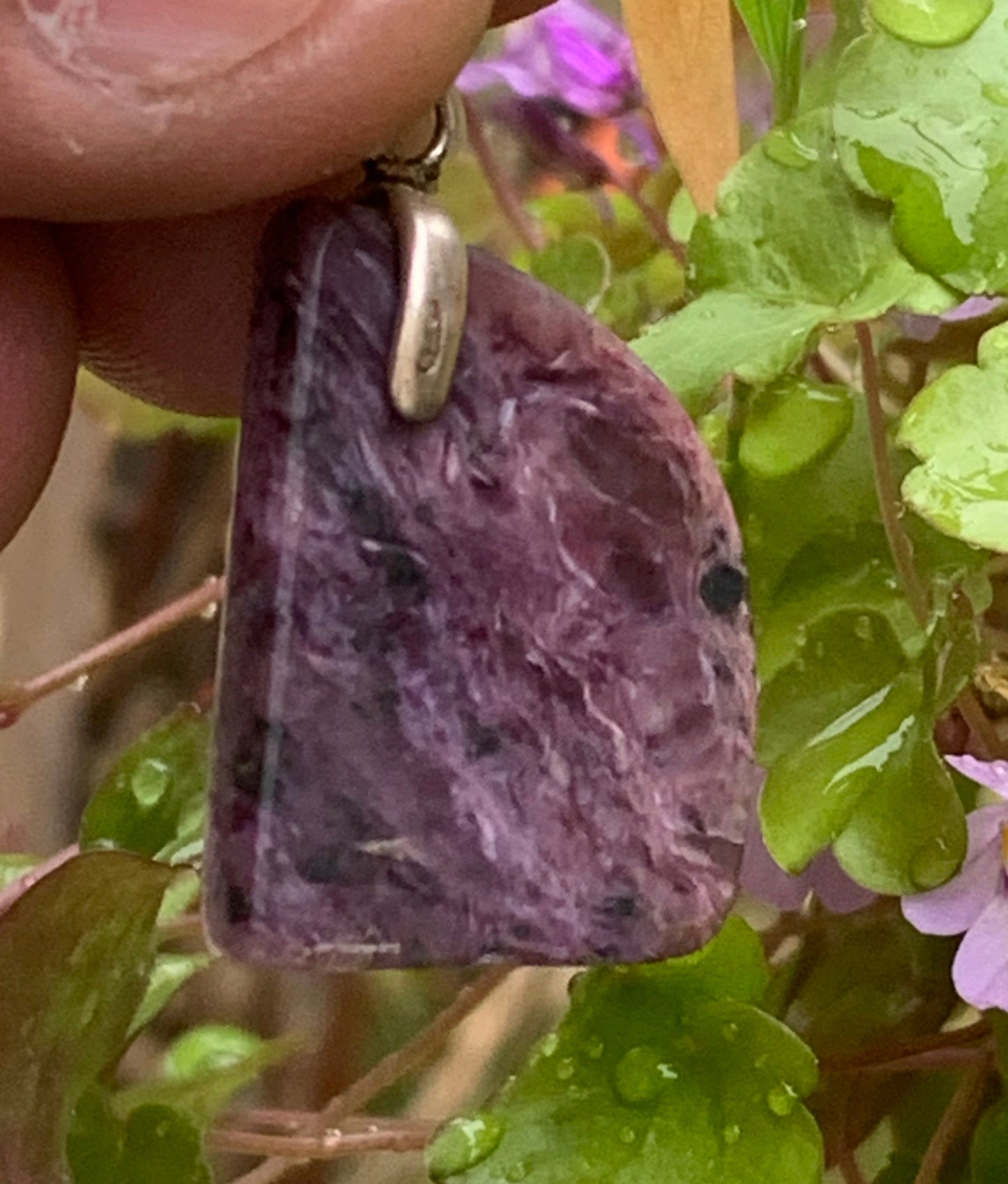 Charoite, magnificent 925 Silver pendant, 35mm high x 18mm wide x 7mm thick. Sold with an adjustable black cord!