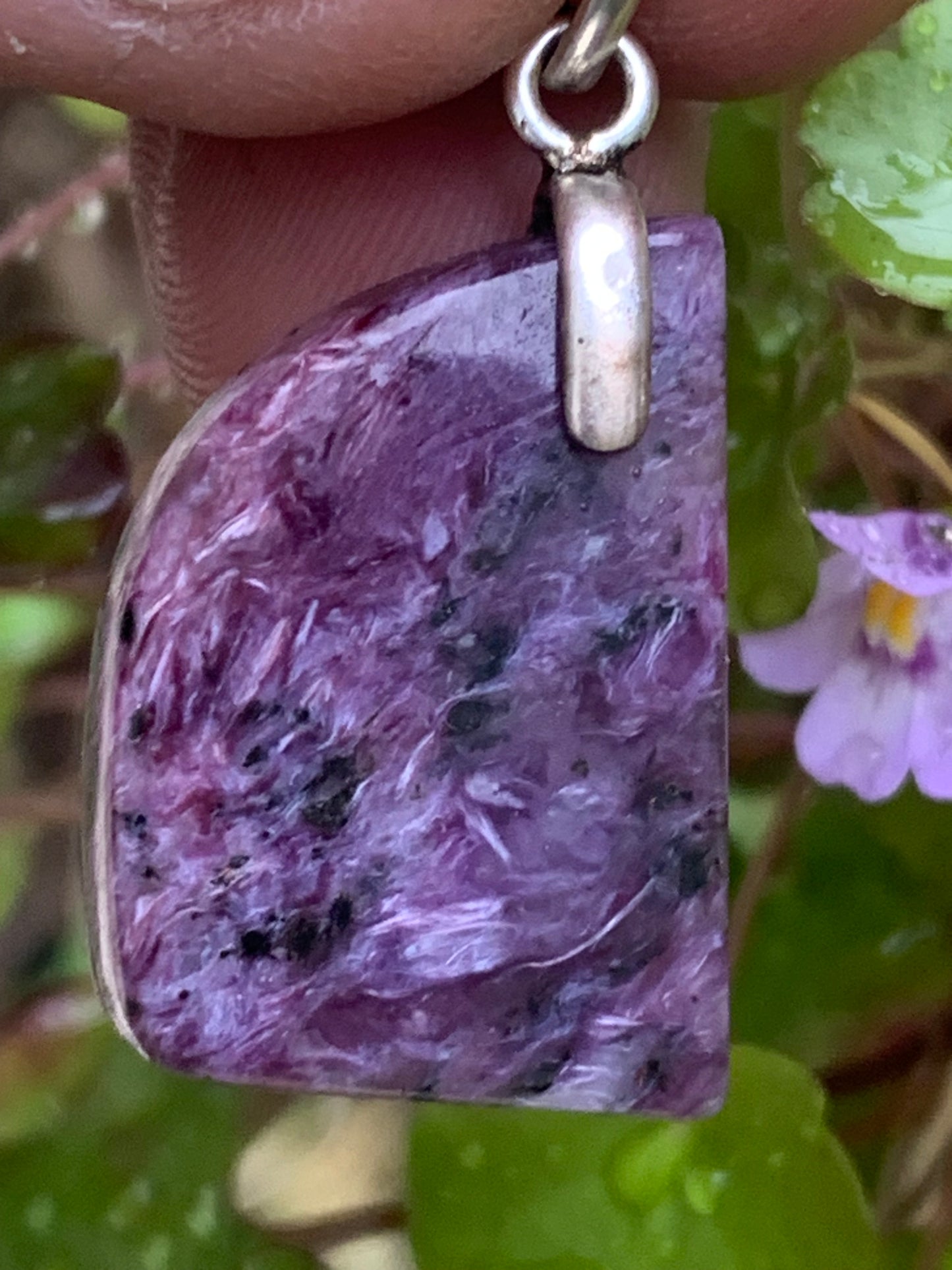 Charoite, magnificent 925 Silver pendant, 35mm high x 18mm wide x 7mm thick. Sold with an adjustable black cord!