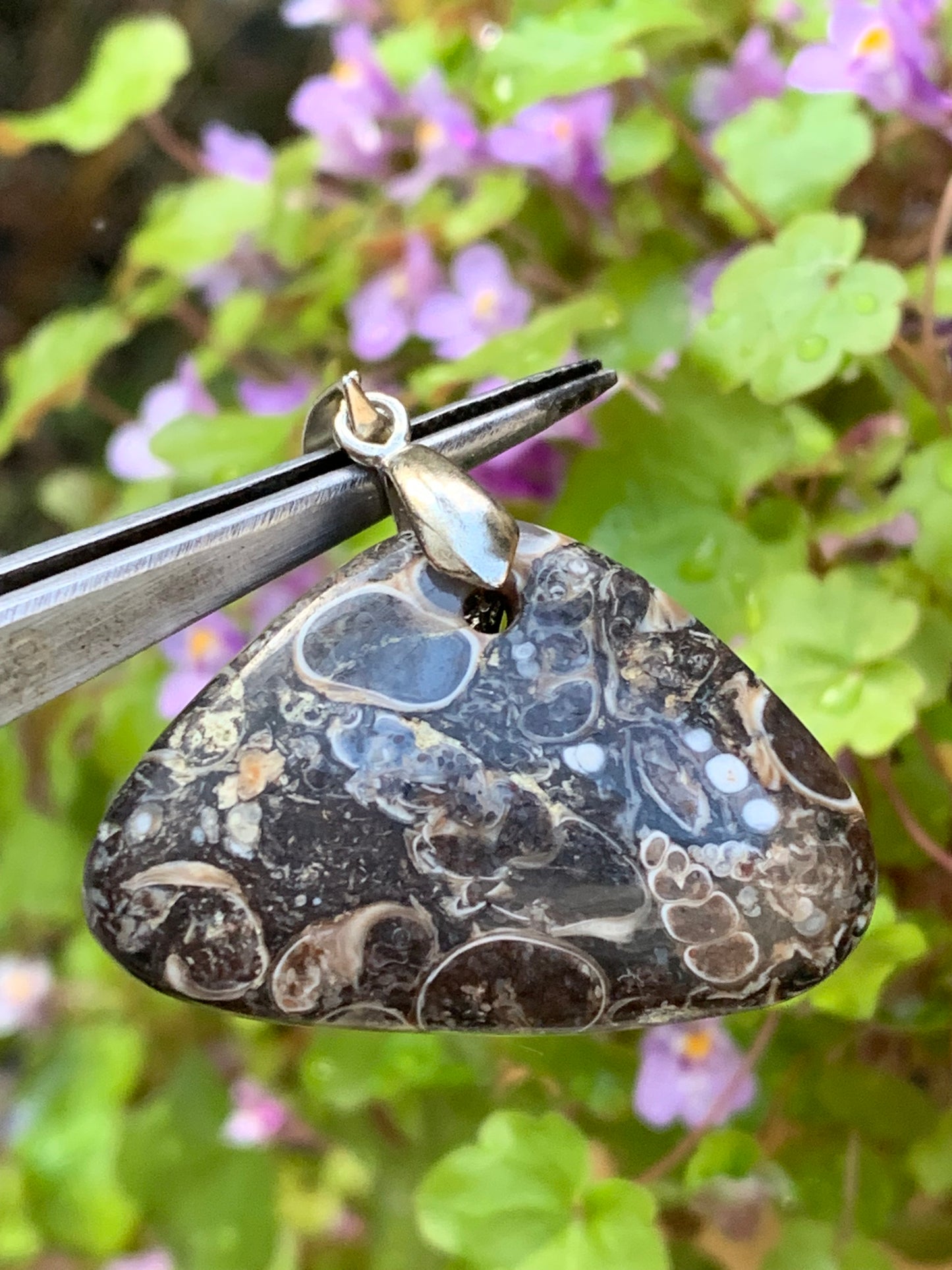 Agate turitelle/ fossile, pendentif de 36mm de hauteur x 36 de largeur x 11 d'épaisseur. Vendu avec cordon réglable de couleur noire !