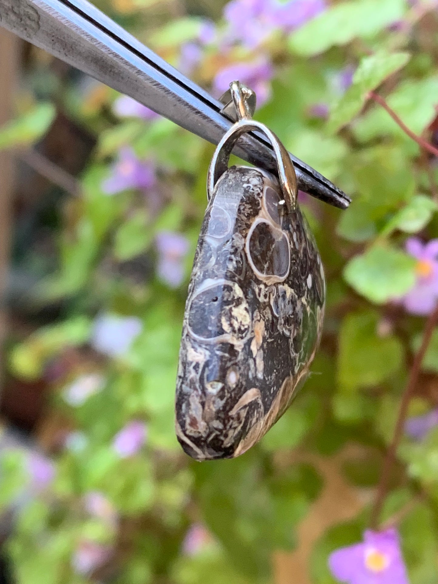 Agate turitelle/ fossile, pendentif de 36mm de hauteur x 36 de largeur x 11 d'épaisseur. Vendu avec cordon réglable de couleur noire !