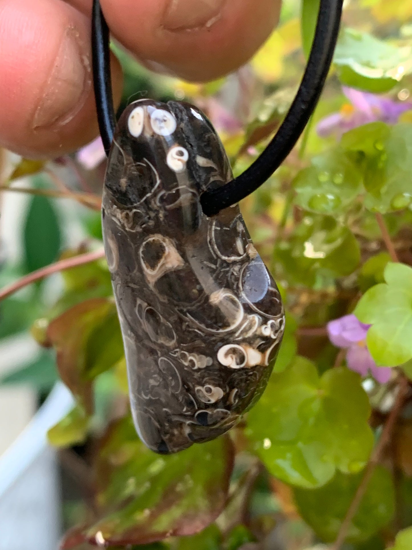 Agate turitelle/ fossile, pendentif de 42mm de hauteur x 22 de largeur x 11 d'épaisseur. Vendu avec cordon réglable de couleur noire !