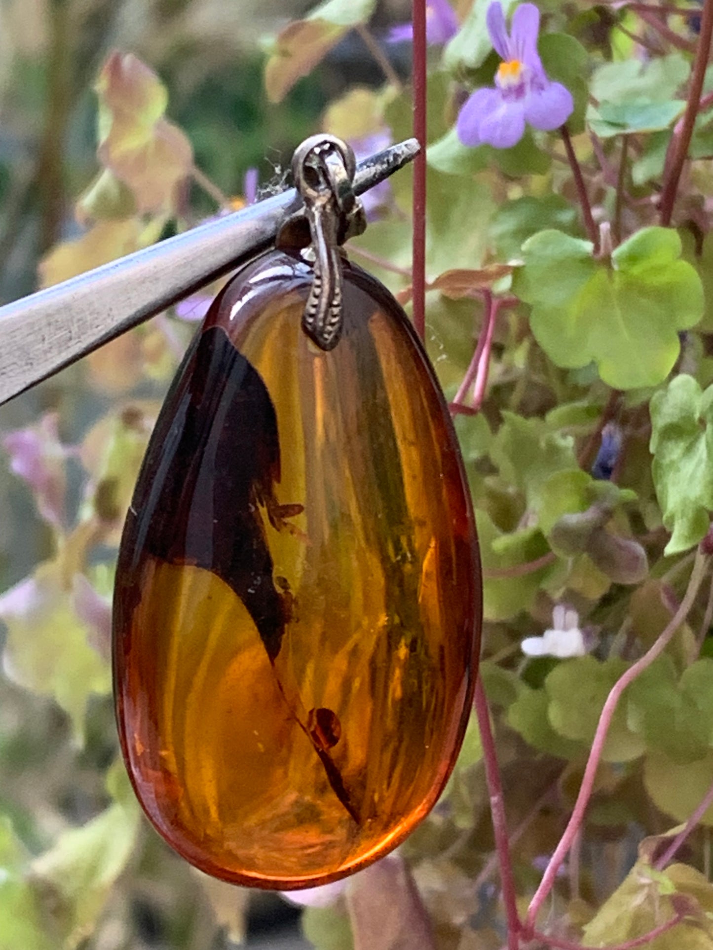 Amber, silver pendant, polished natural pebble measuring 50x22x15 millimeters, sold with a sliding (adjustable) black leather cord measuring 40 to 70 centimeters!