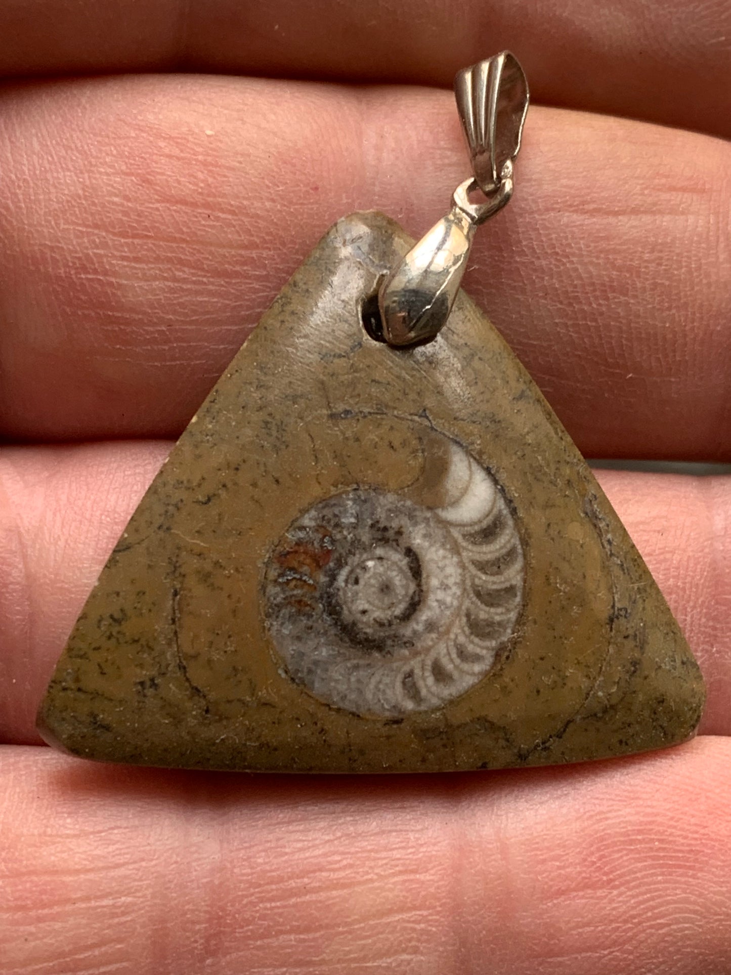 Ammonite fossile dans du grès rouge (Usa), pendentif de taille 40 millimètres x 35 x 7. Vendu avec ou sans cordon noir et réglable de 60 cm !