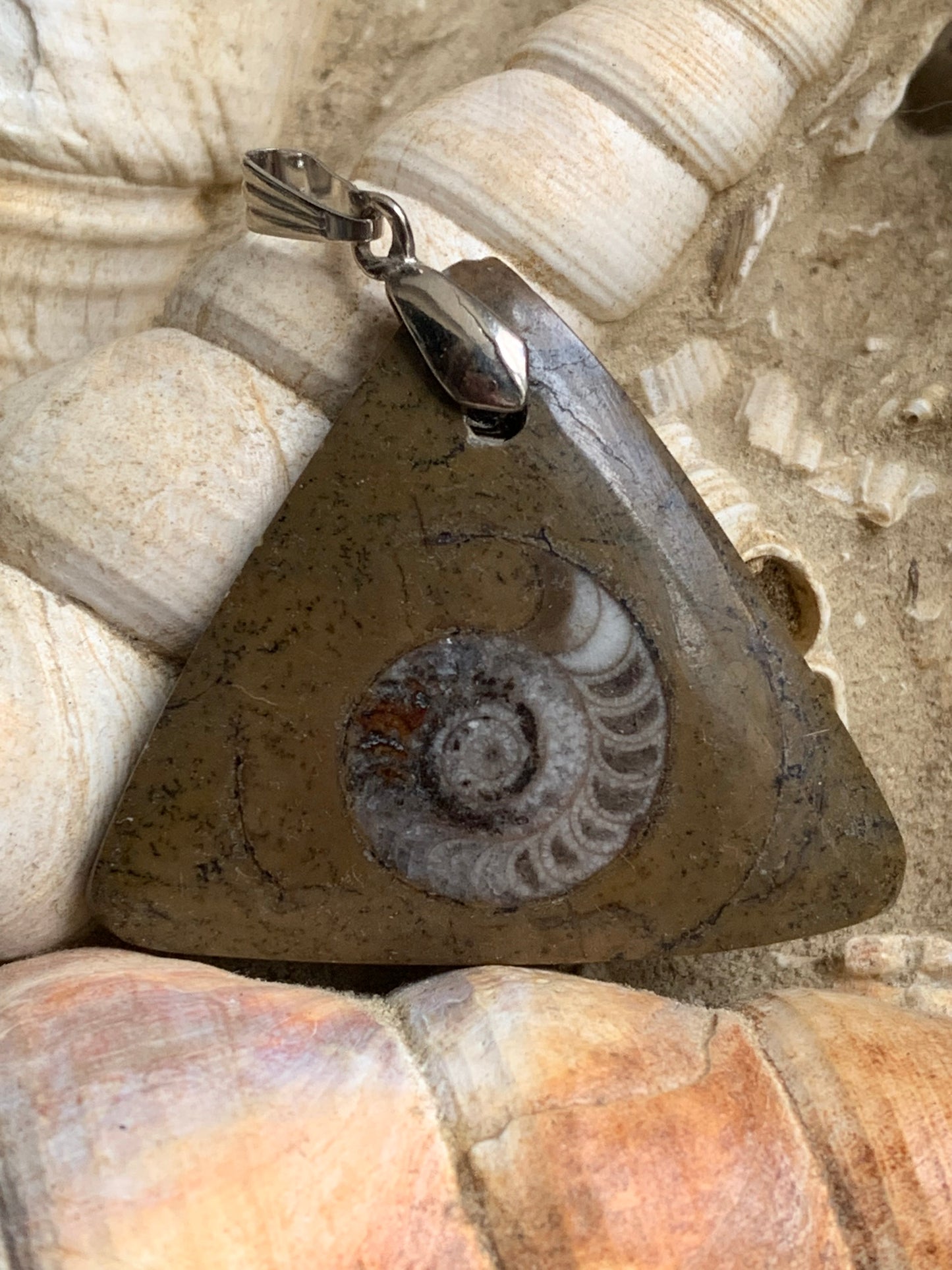 Ammonite fossile dans du grès rouge (Usa), pendentif de taille 40 millimètres x 35 x 7. Vendu avec ou sans cordon noir et réglable de 60 cm !
