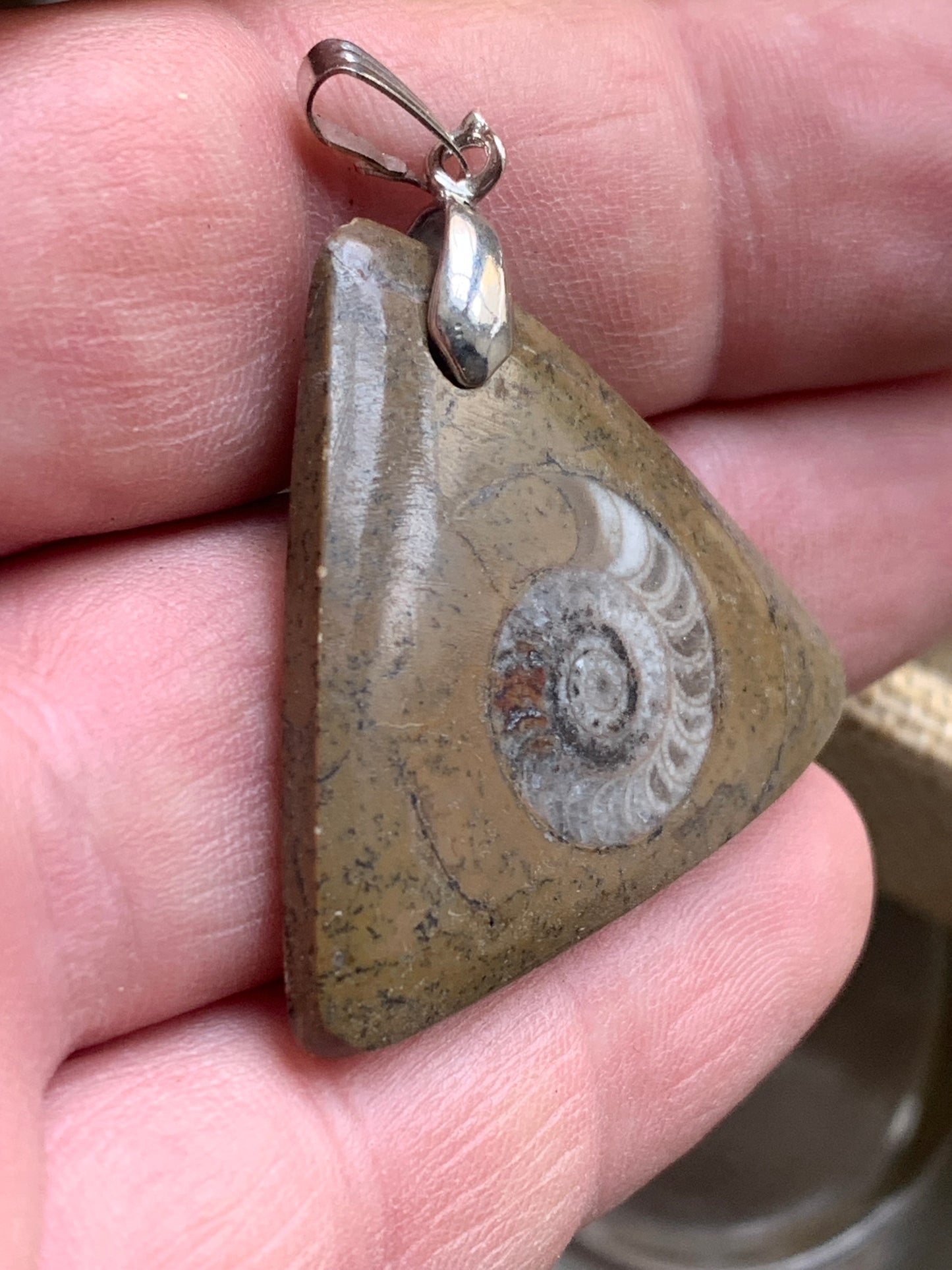 Ammonite fossile dans du grès rouge (Usa), pendentif de taille 40 millimètres x 35 x 7. Vendu avec ou sans cordon noir et réglable de 60 cm !