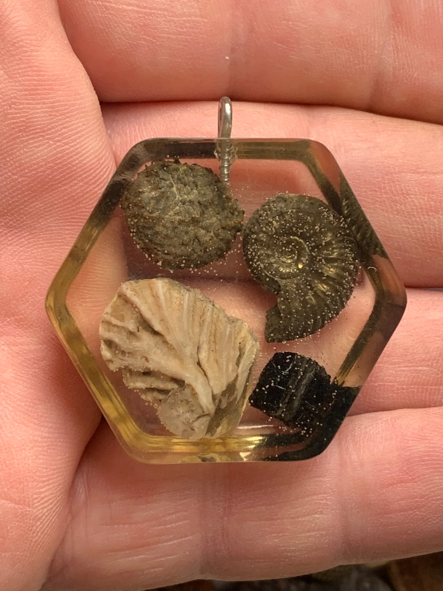 Orgonite avec Ammonite et fossiles, pendentif de taille de 42 millimètres x 44 x 12. Vendu avec ou sans cordon noir et réglable de 60 cm !