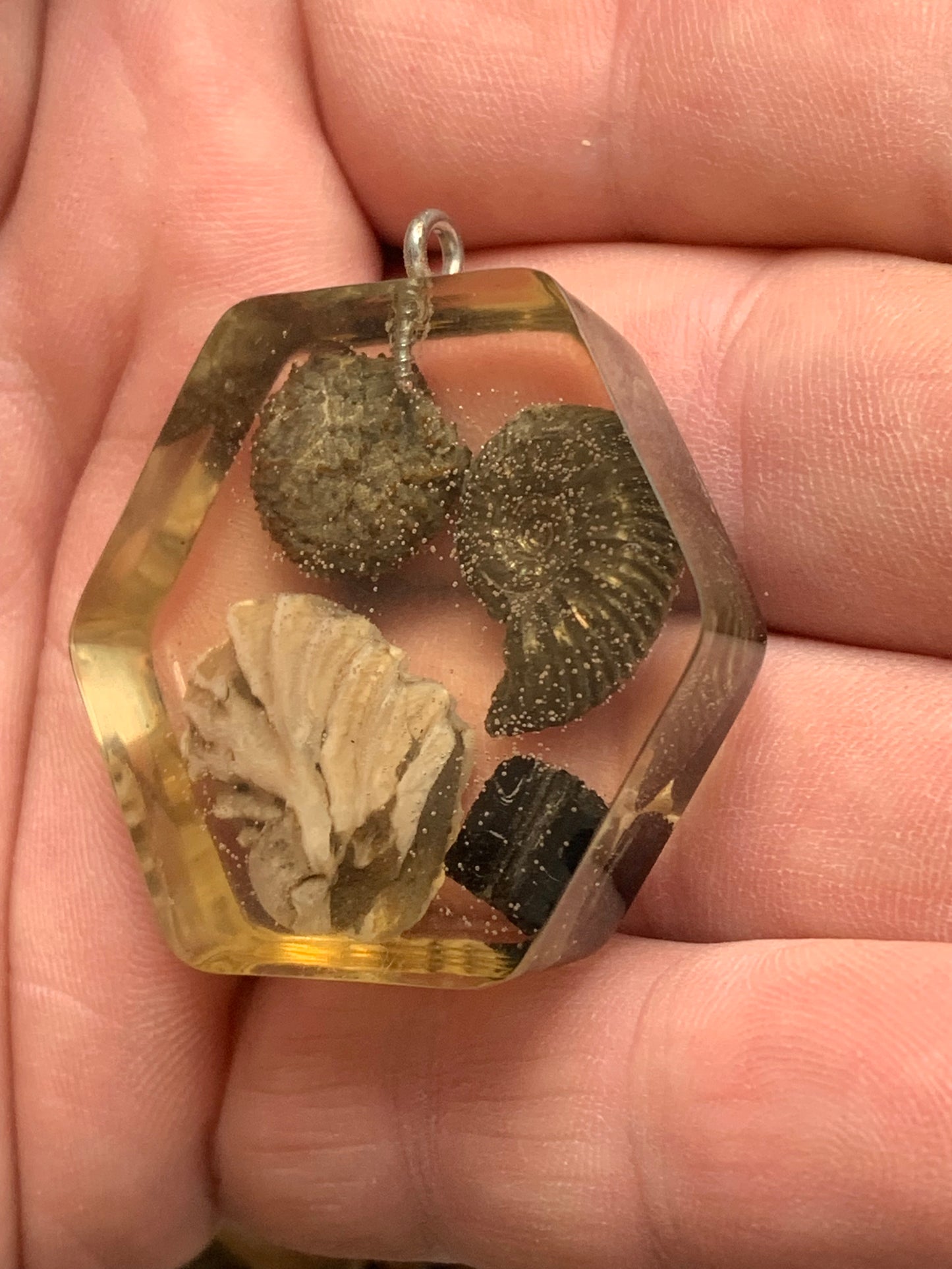 Orgonite avec Ammonite et fossiles, pendentif de taille de 42 millimètres x 44 x 12. Vendu avec ou sans cordon noir et réglable de 60 cm !