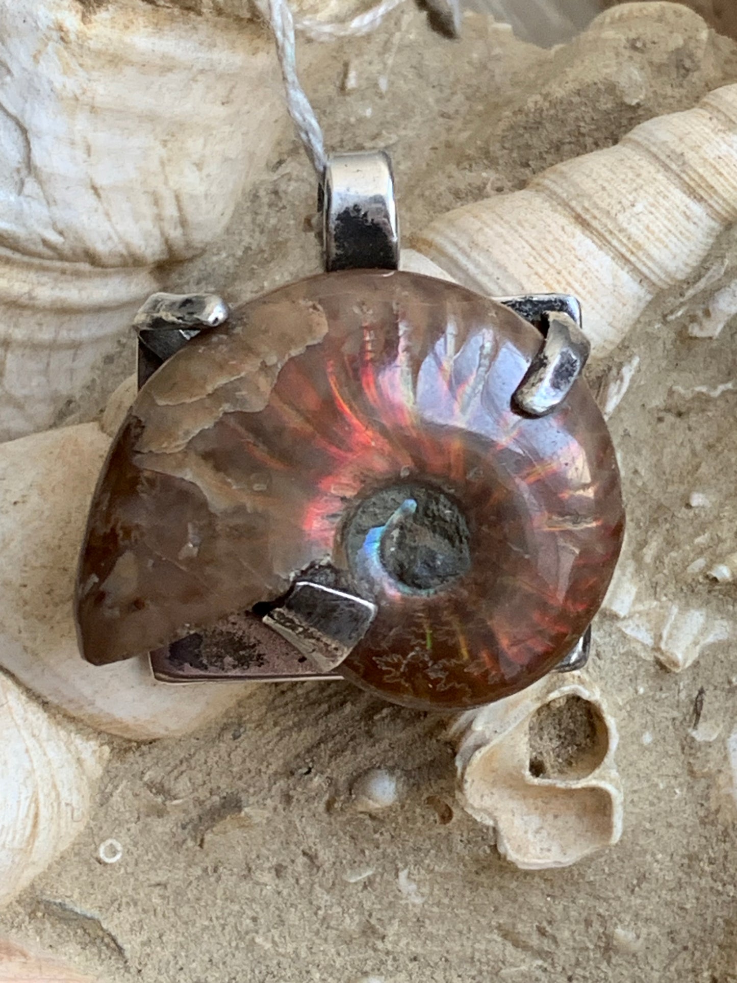 Ammonite nacré, joli pendentif avec structure en Argent 025 rhodié. Taille de 31 millimètres x 30 x 12. Vendu avec ou sans cordon noir et réglable de 60 cm !