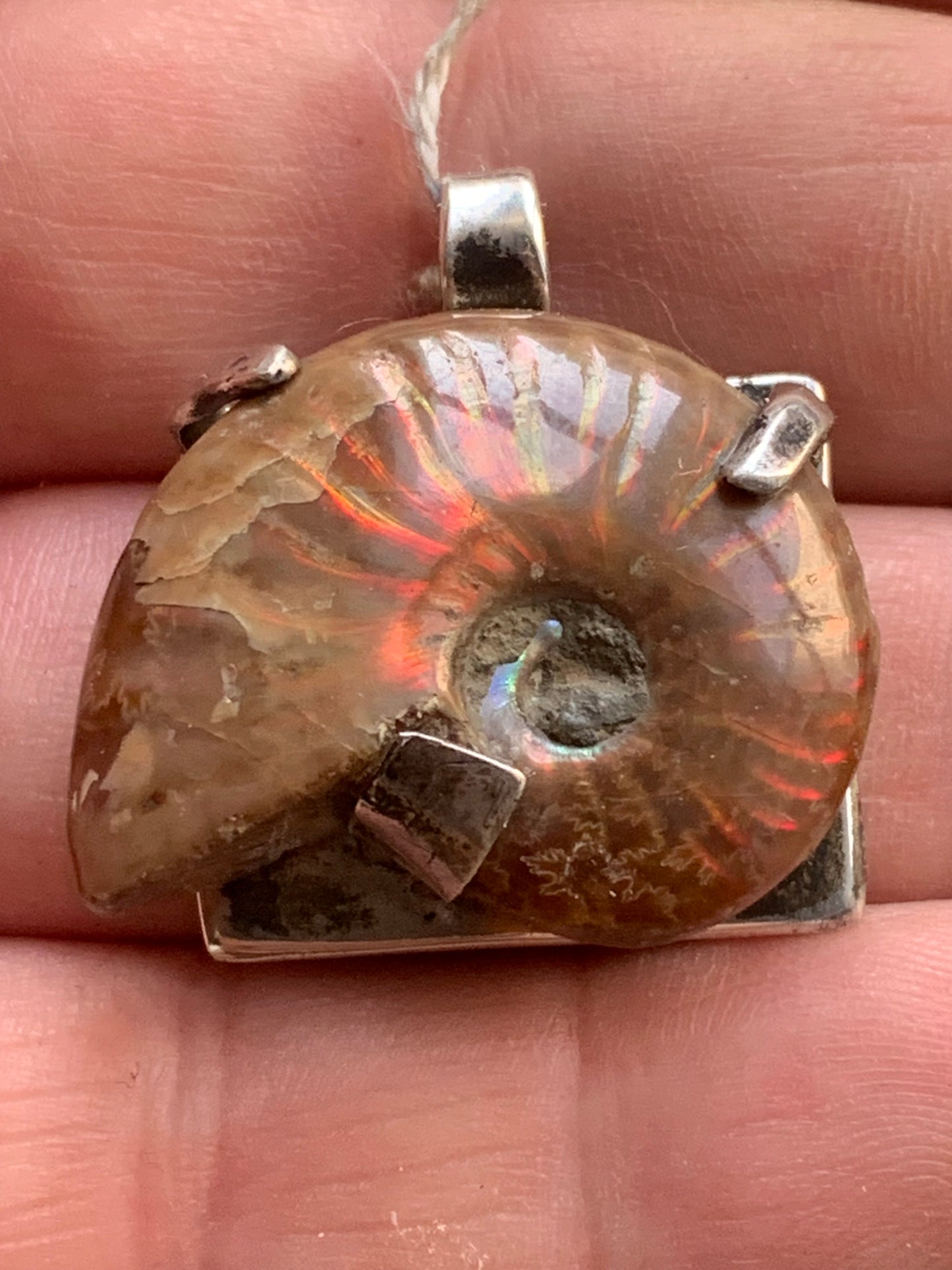 Ammonite nacré, joli pendentif avec structure en Argent 025 rhodié. Taille de 31 millimètres x 30 x 12. Vendu avec ou sans cordon noir et réglable de 60 cm !