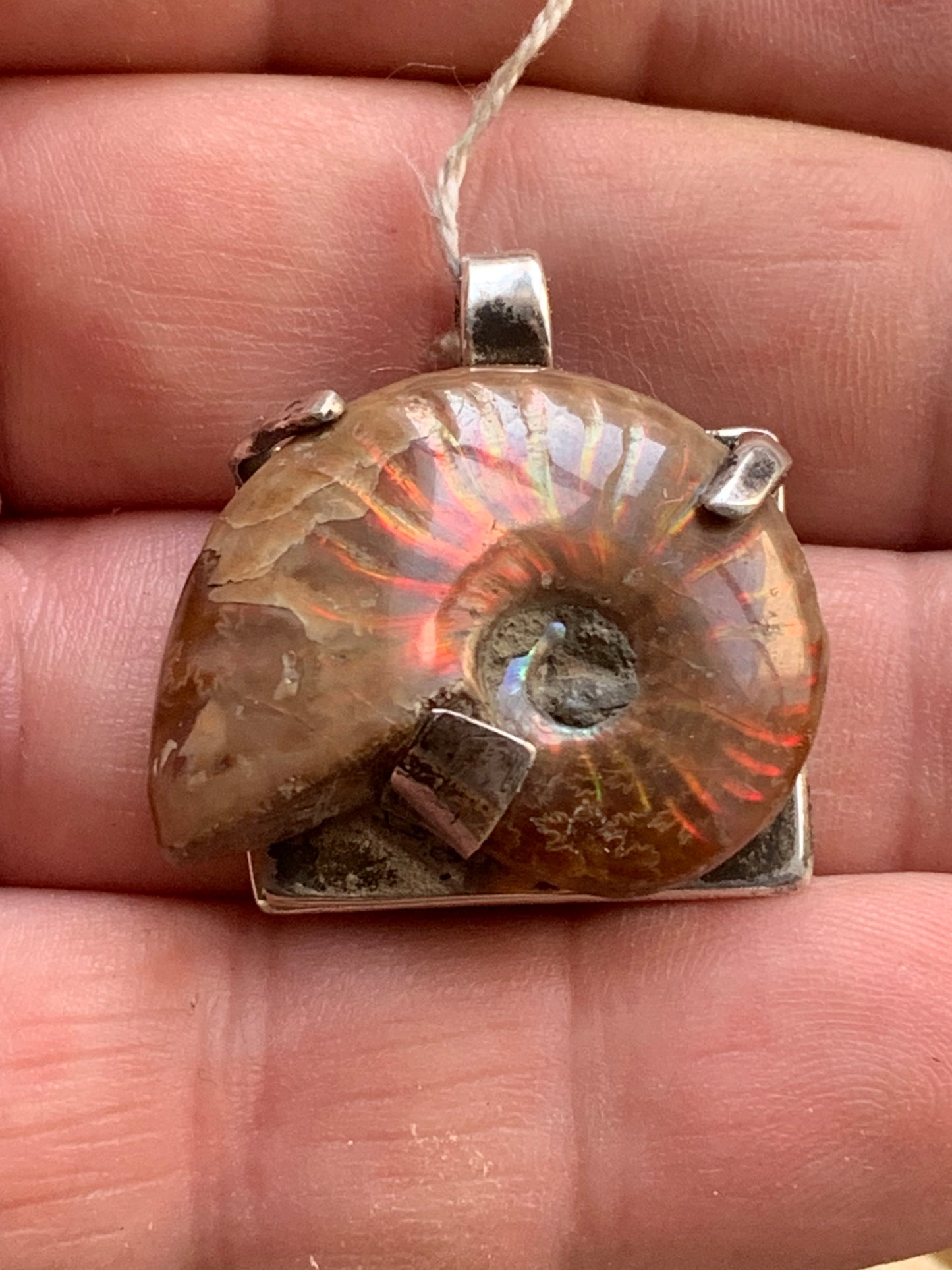 Ammonite nacré, joli pendentif avec structure en Argent 025 rhodié. Taille de 31 millimètres x 30 x 12. Vendu avec ou sans cordon noir et réglable de 60 cm !