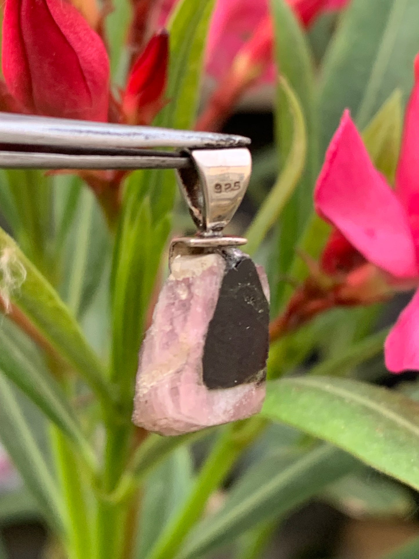 Tourmaline melon d'eau/ pastèque, pendentif en Argent fait par G & Z de 23 mm de hauteur x 12 de largeur x 6. Vendu avec cordon réglable de couleur noire !