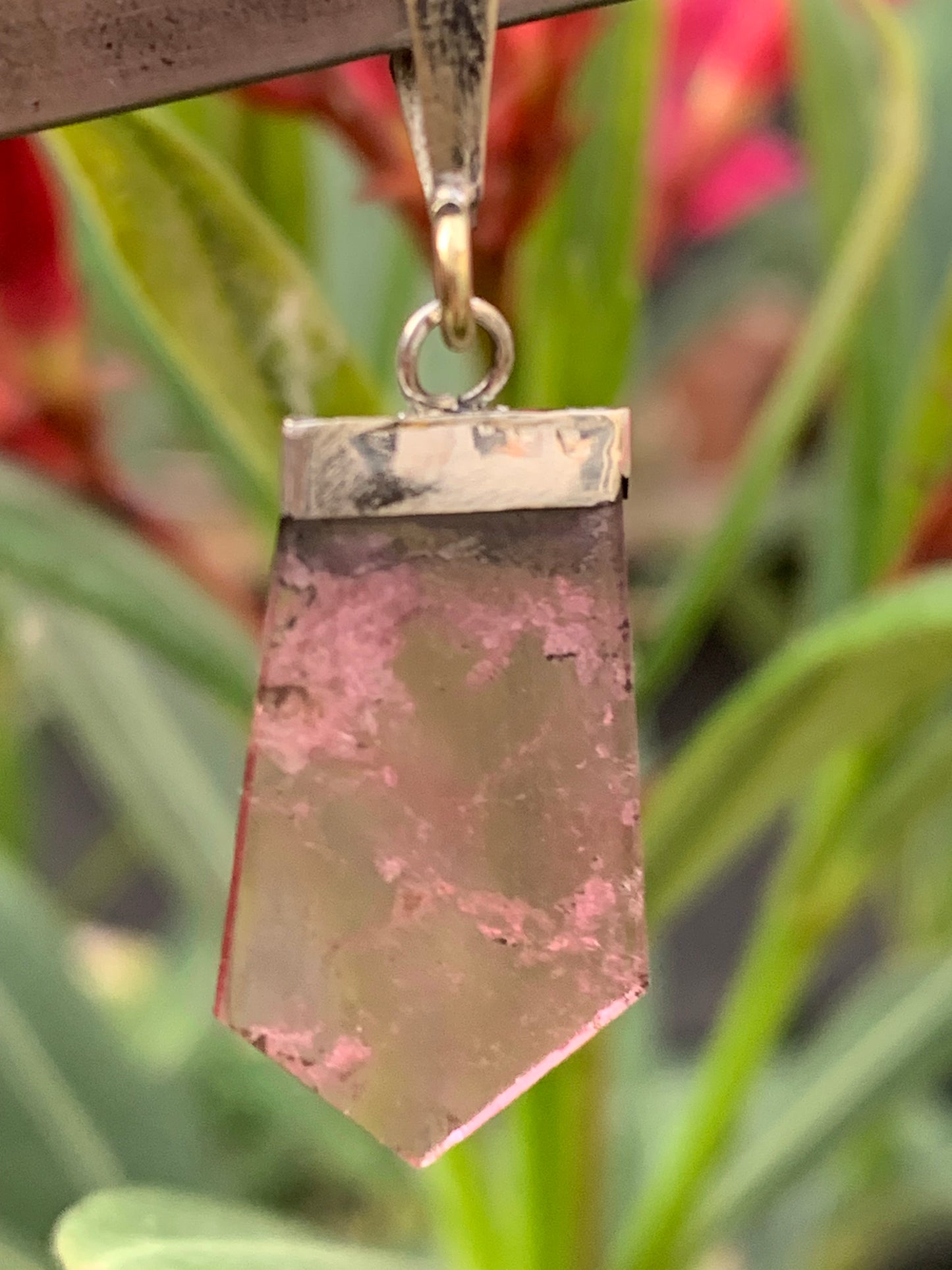 Elbaite watermelon tourmaline, silver pendant 36mm high x 14mm wide x 2mm. Sold with adjustable black cord!