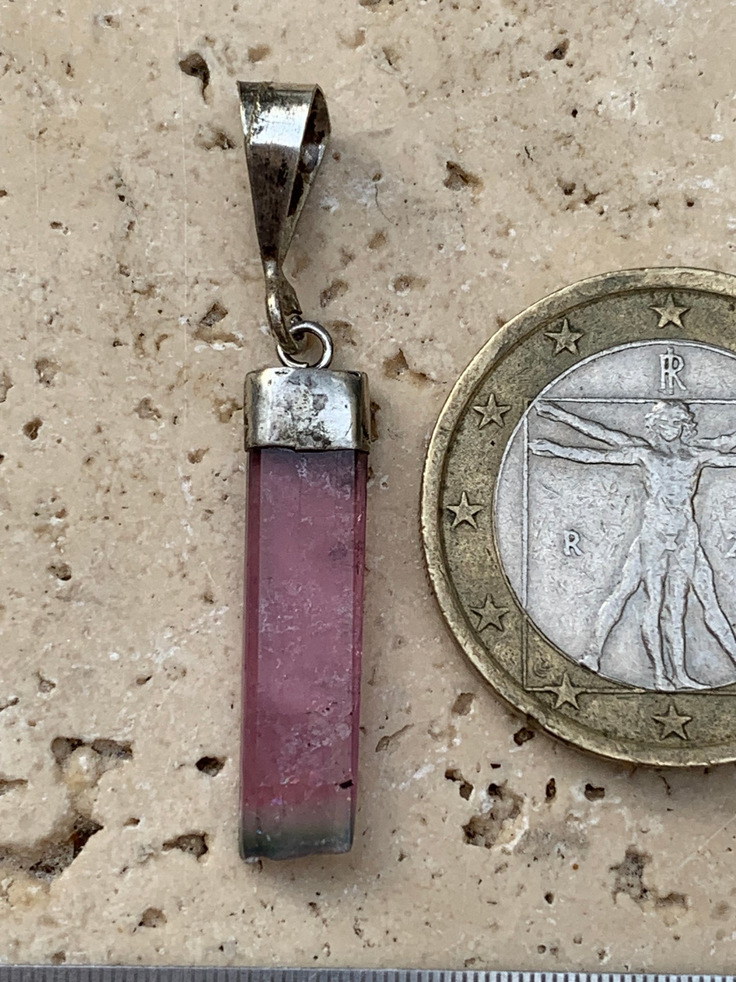 Elbaite watermelon tourmaline, silver pendant 36mm high x 6mm wide x 2mm. Sold with adjustable black cord!