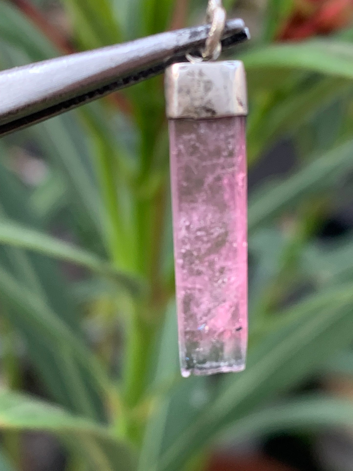 Elbaite watermelon tourmaline, silver pendant 36mm high x 6mm wide x 2mm. Sold with adjustable black cord!