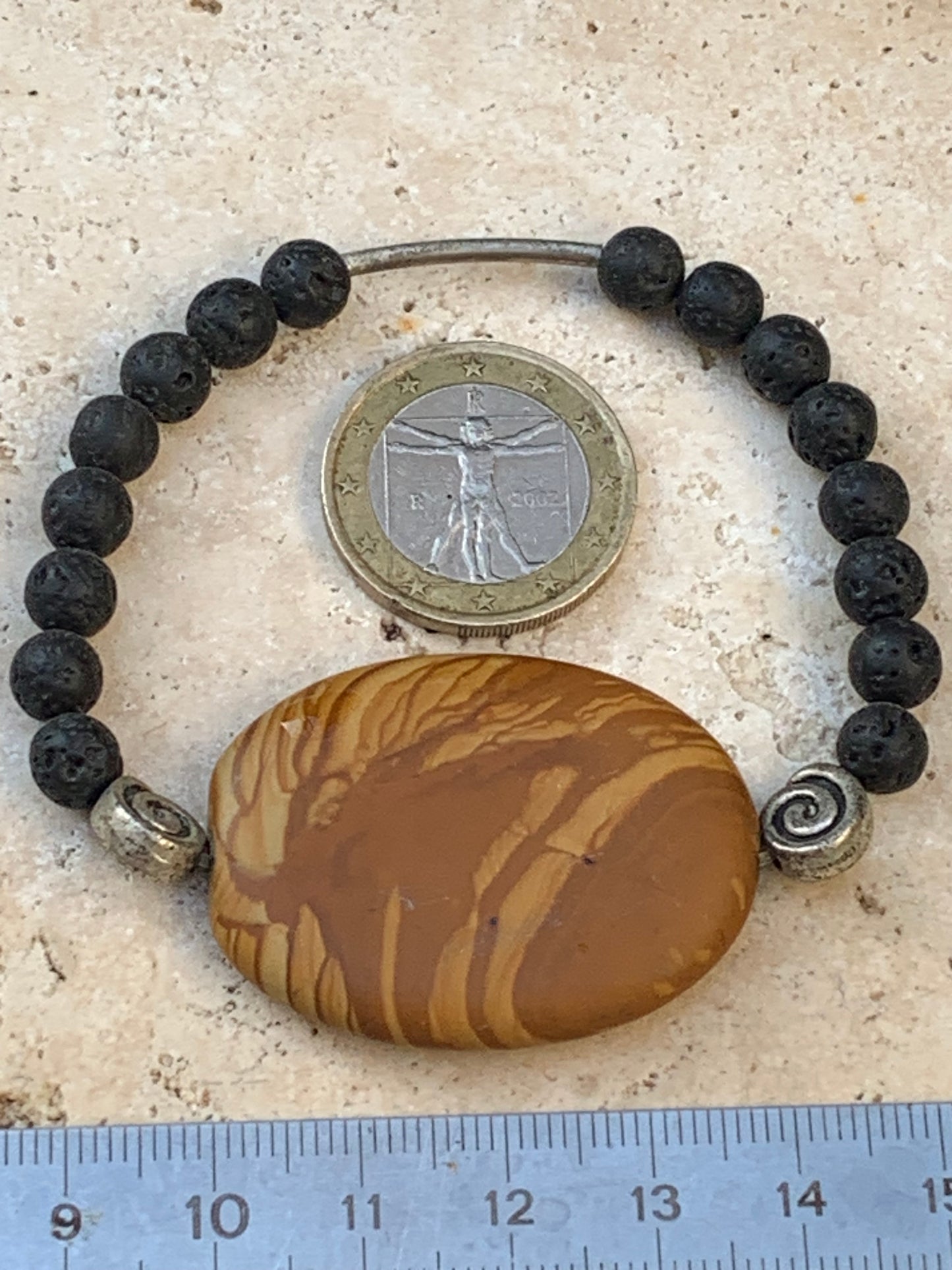 Jaspe paysage et perle de lave, bracelet en élastique haute-résistance de 17 à 19 cm !