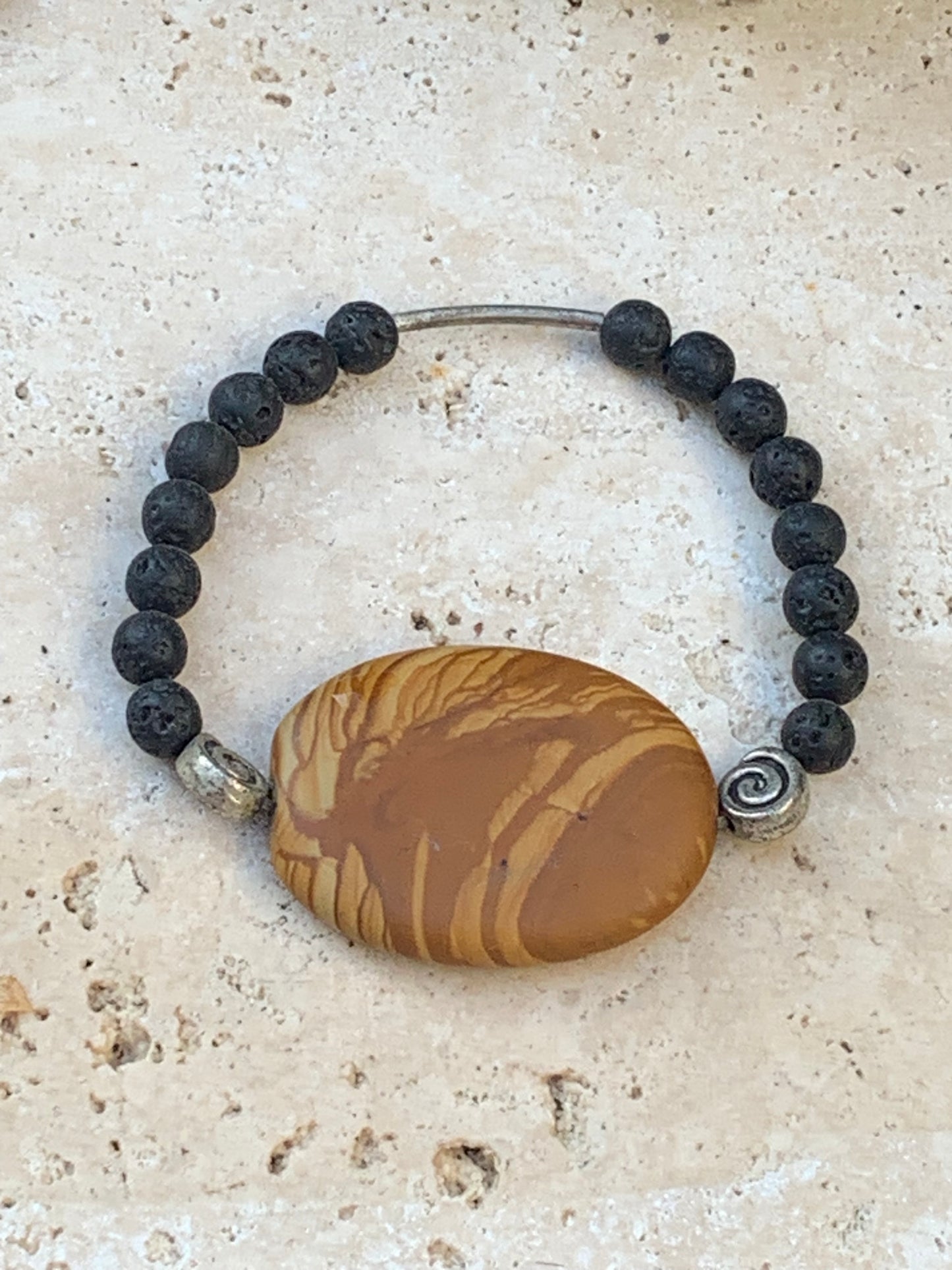 Jaspe paysage et perle de lave, bracelet en élastique haute-résistance de 17 à 19 cm !
