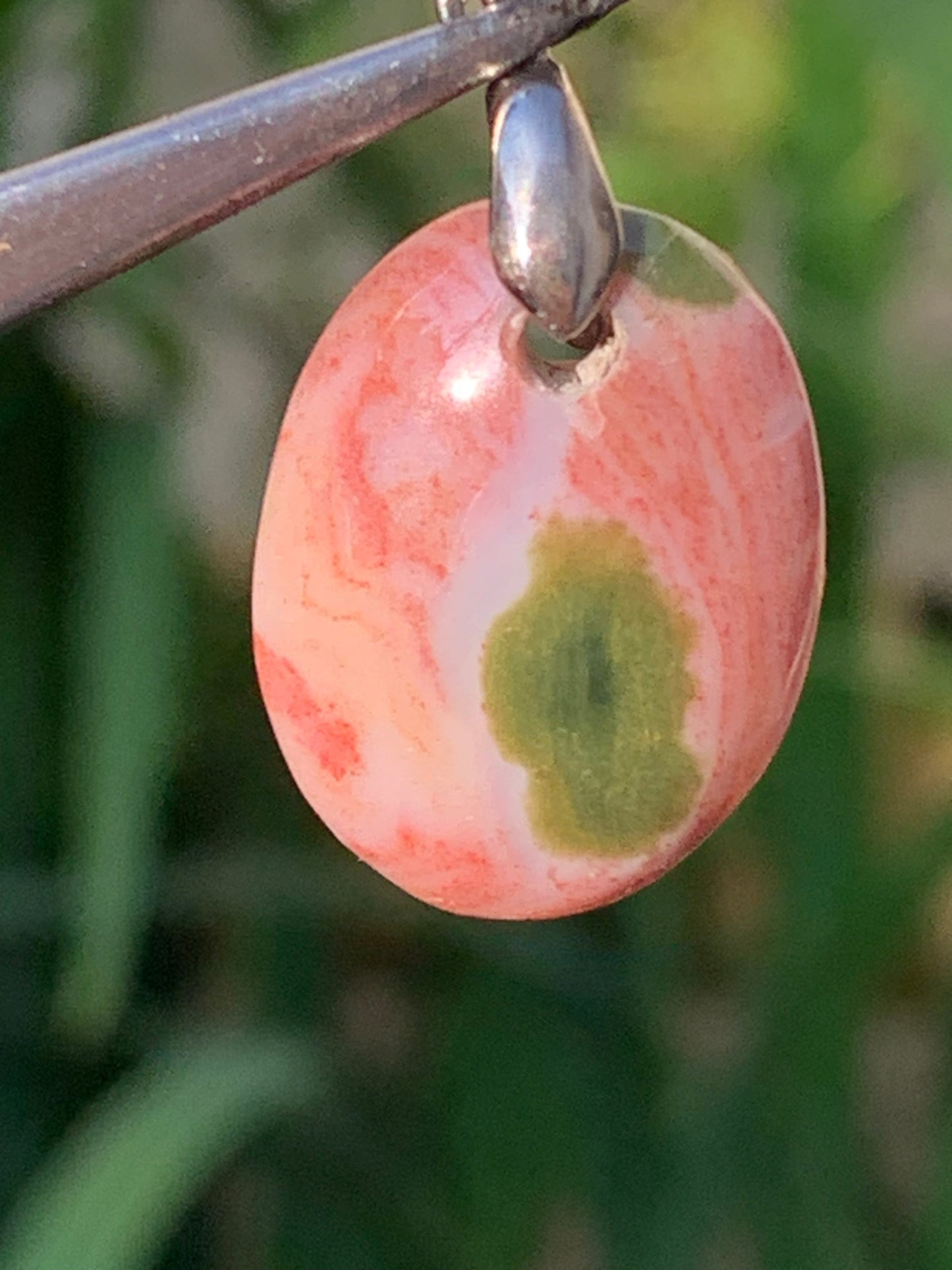 Orbicular Jasper, Silver pendant, 32mm high x 16mm wide x 5mm thick. Sold with adjustable cord!