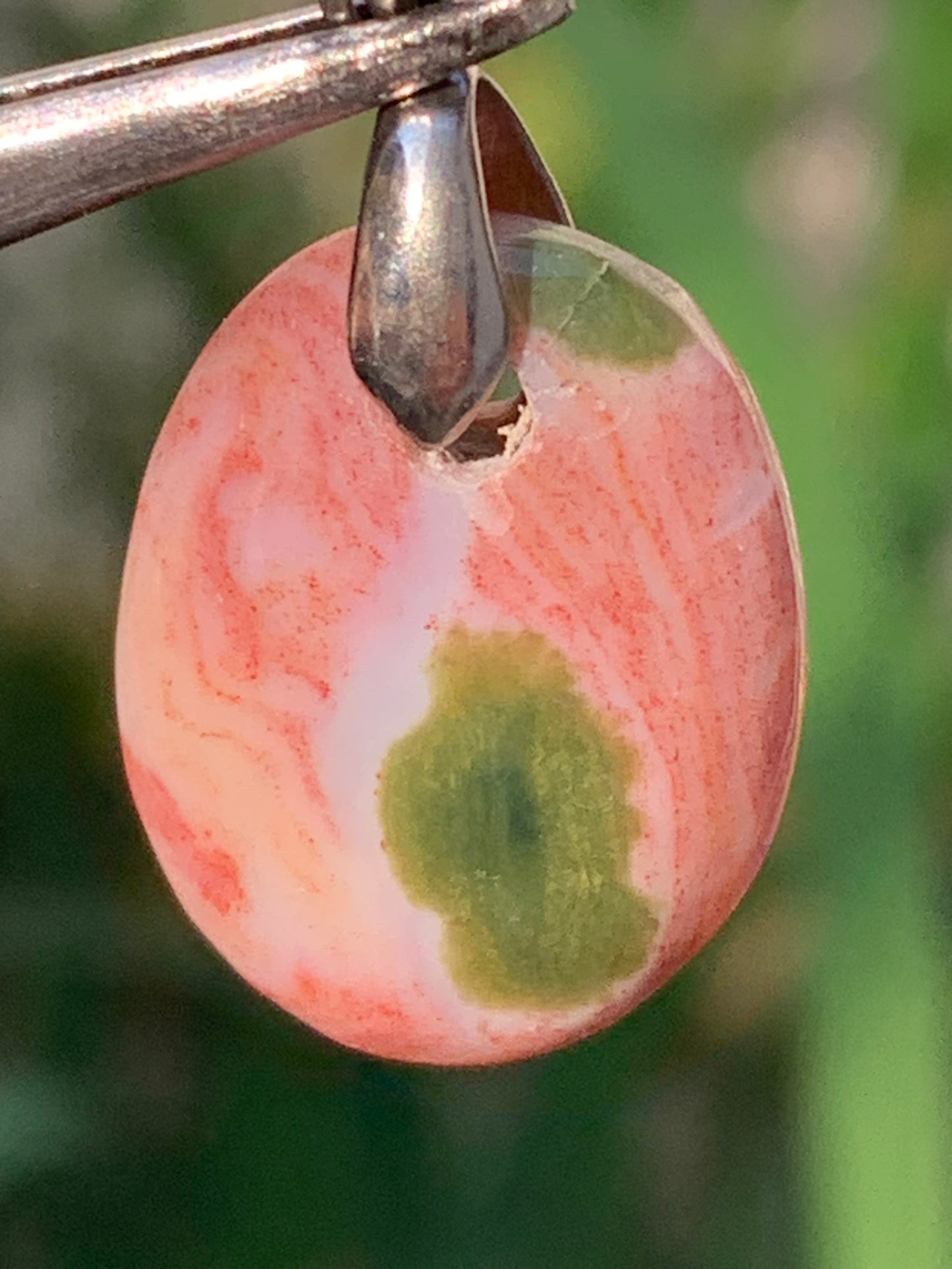 Orbicular Jasper, Silver pendant, 32mm high x 16mm wide x 5mm thick. Sold with adjustable cord!