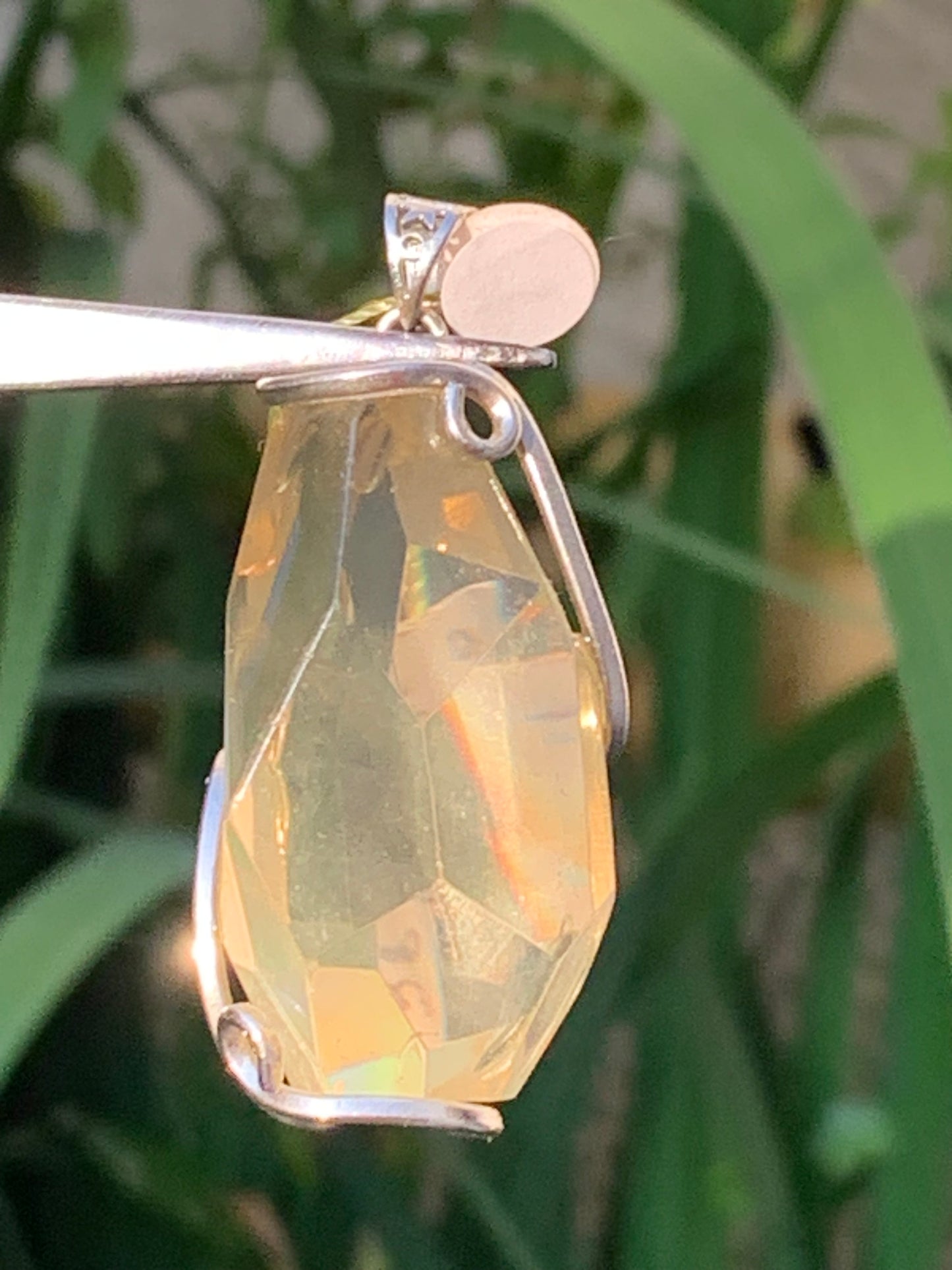 Lemon rock crystal/ Lemon quartz, silver-plated brass pendant, 50mm high x 22 x 18. Sold with adjustable cord!
