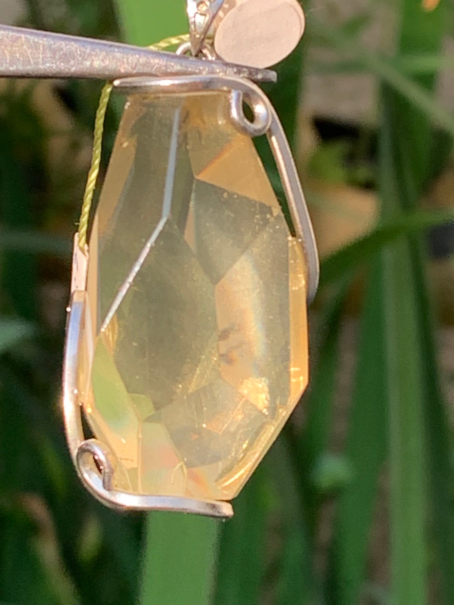 Lemon rock crystal/ Lemon quartz, silver-plated brass pendant, 50mm high x 22 x 18. Sold with adjustable cord!