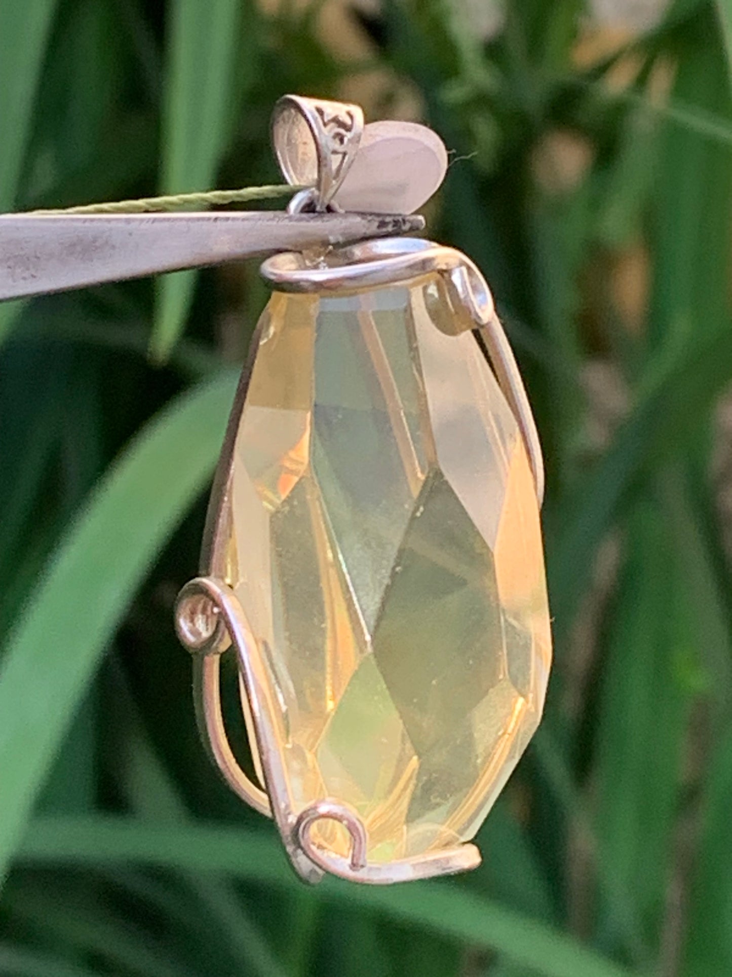 Lemon rock crystal/ Lemon quartz, silver-plated brass pendant, 50mm high x 22 x 18. Sold with adjustable cord!