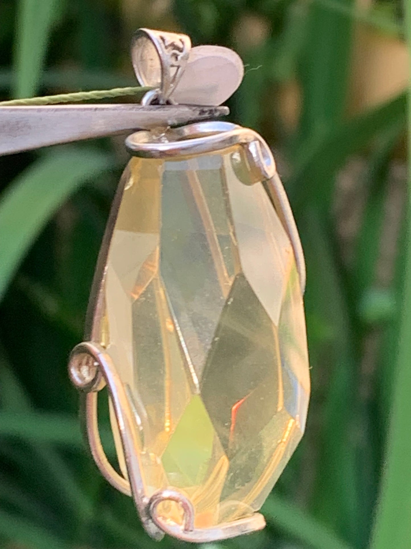 Lemon rock crystal/ Lemon quartz, silver-plated brass pendant, 50mm high x 22 x 18. Sold with adjustable cord!