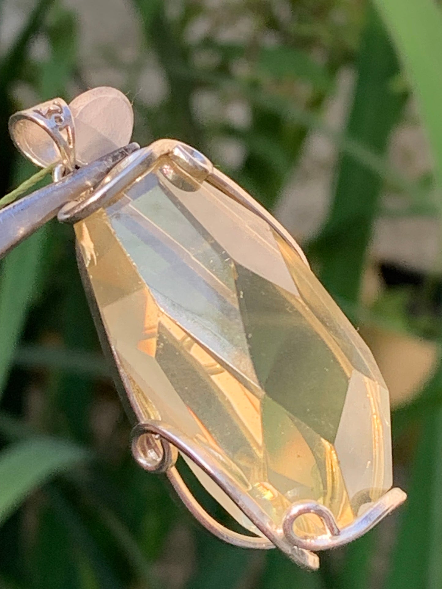 Lemon rock crystal/ Lemon quartz, silver-plated brass pendant, 50mm high x 22 x 18. Sold with adjustable cord!