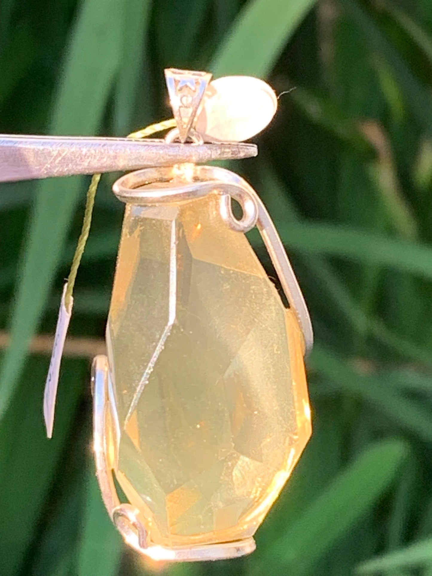 Lemon rock crystal/ Lemon quartz, silver-plated brass pendant, 50mm high x 22 x 18. Sold with adjustable cord!