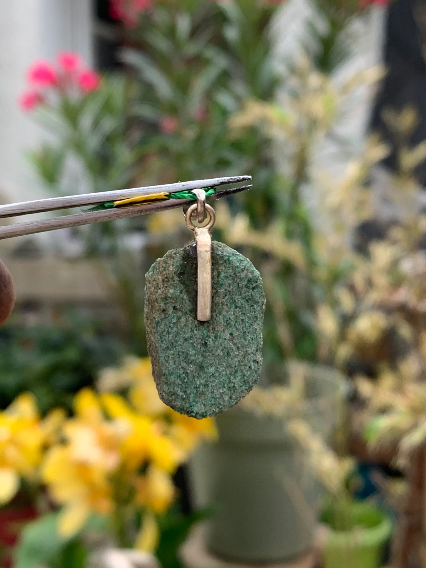 Fuchsite (green micas) mounted by G & Z, 34 mm high x16 x5. Sold with an adjustable black cord!